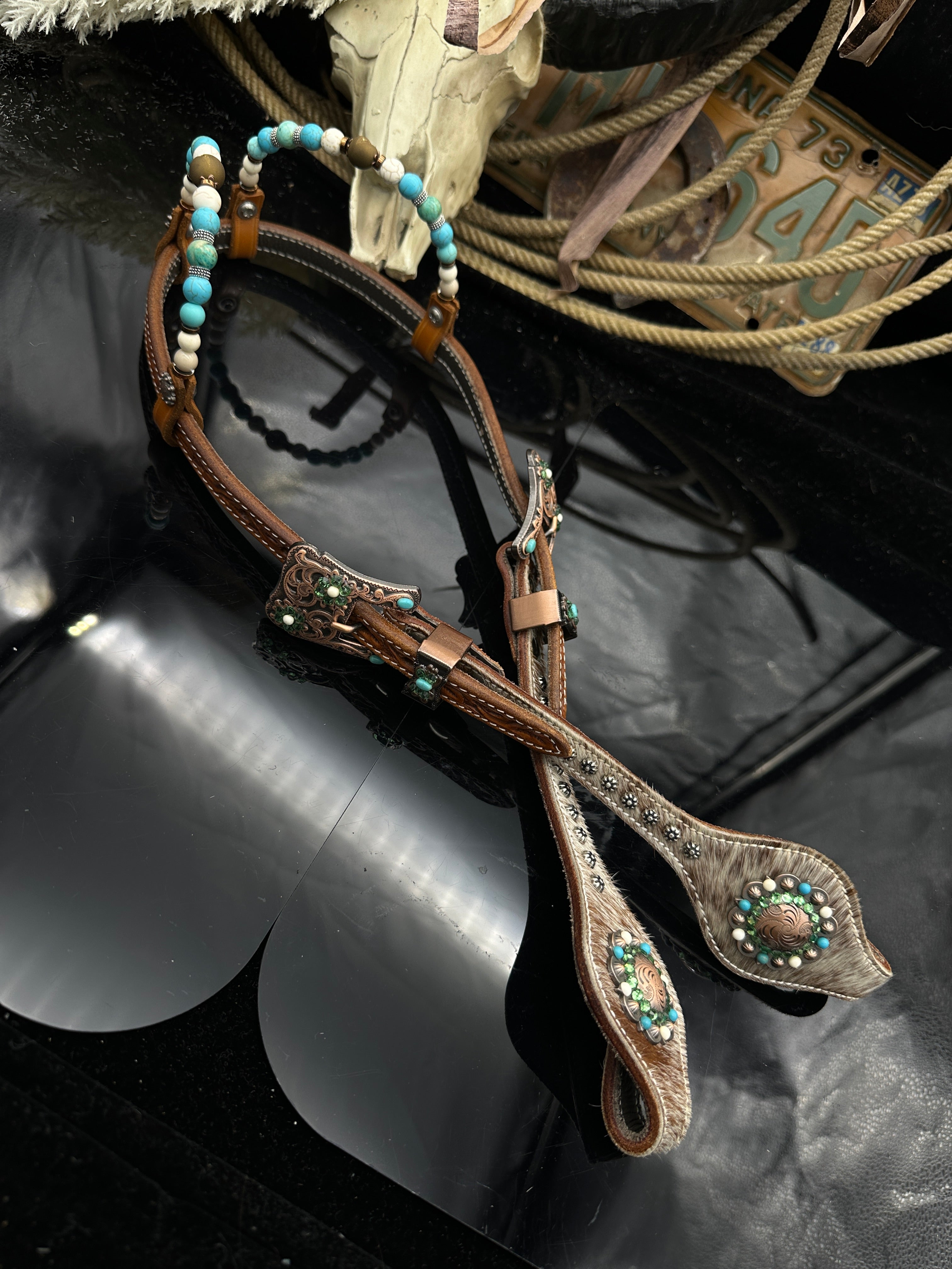 Premium | Antique Chestnut western bridle | Turquoise