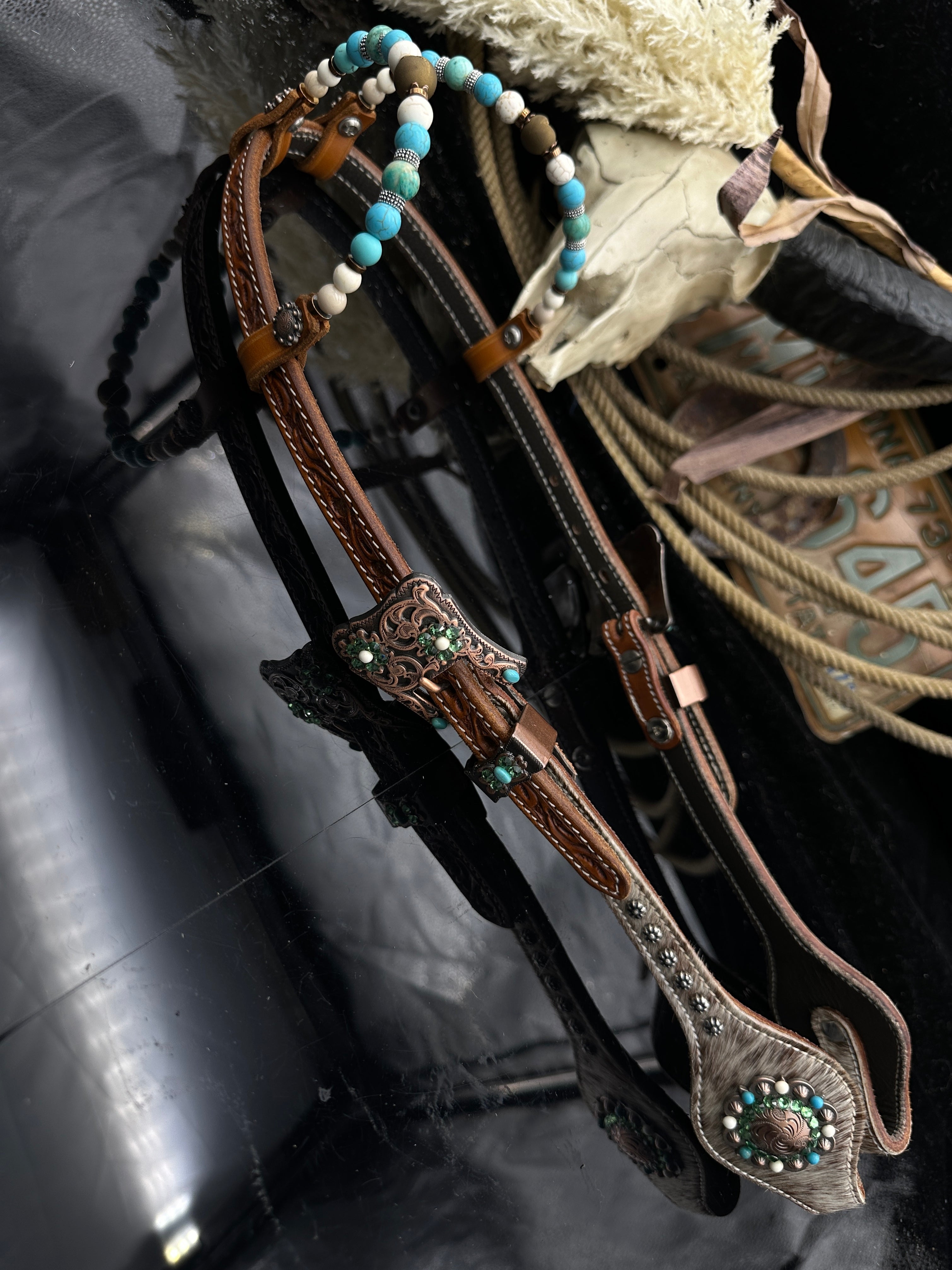 Premium | Antique Chestnut western bridle | Turquoise
