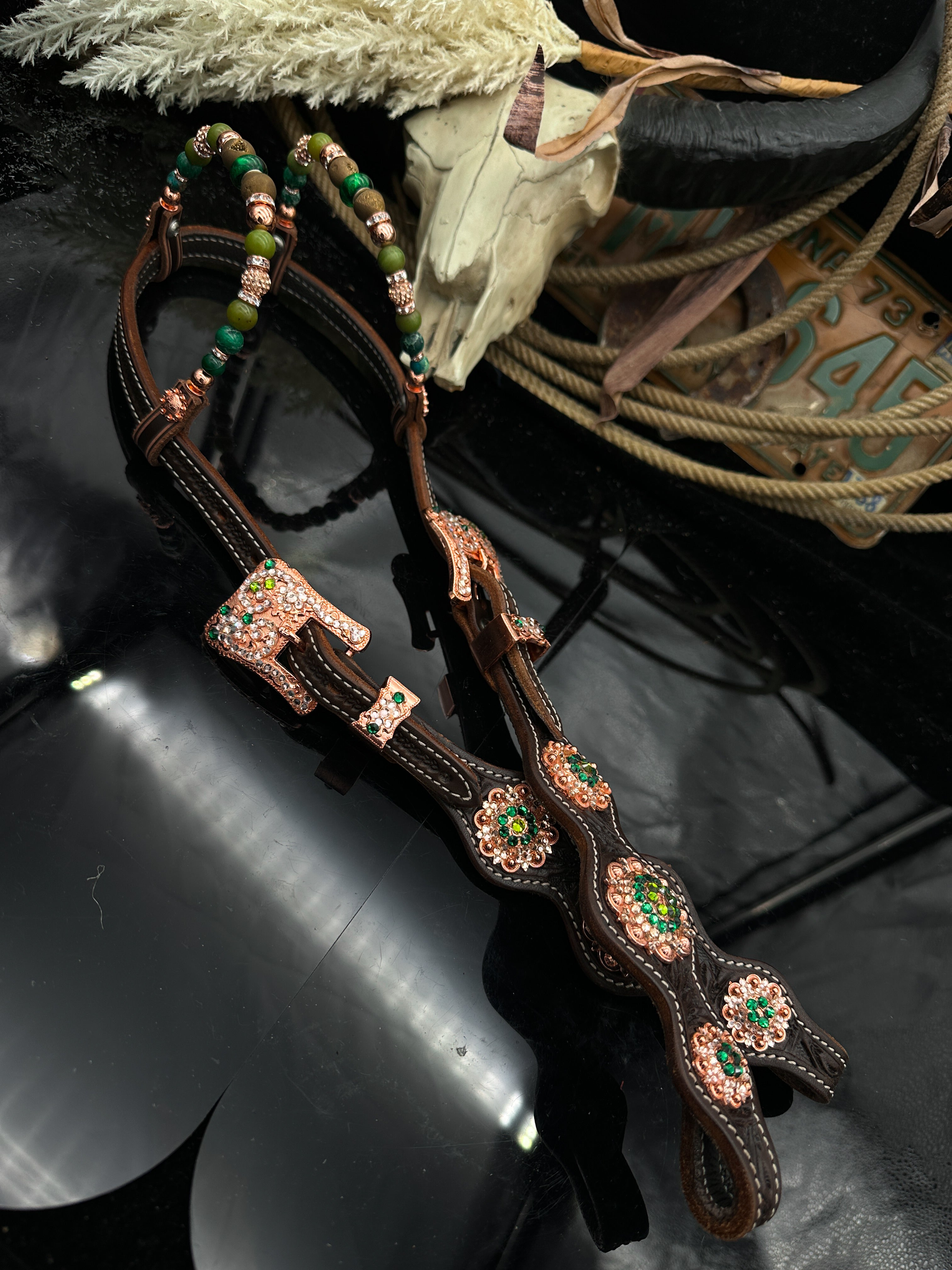 Sierra Sunset | Dark brown rose gold & green | Premium western bridle
