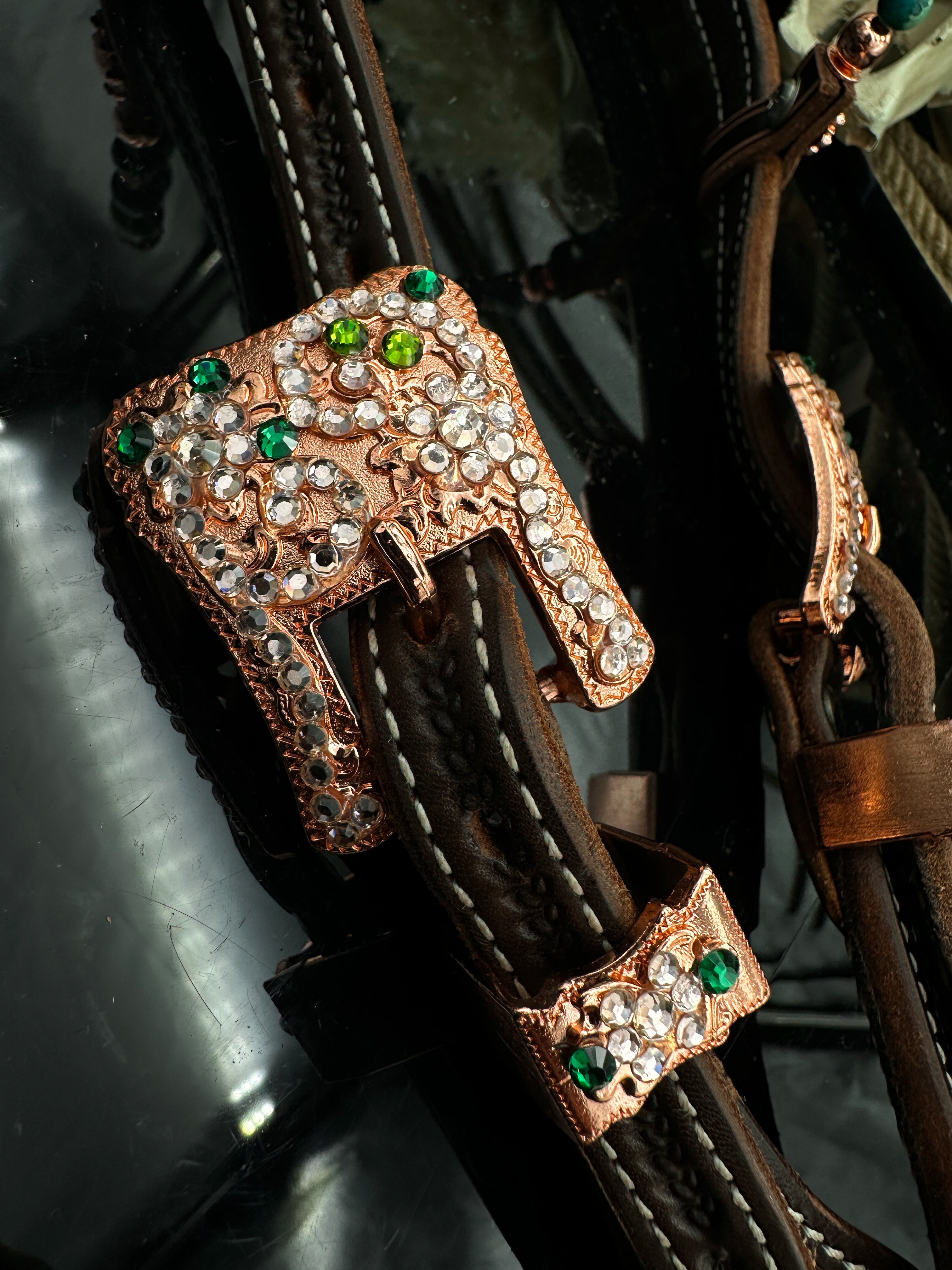 Sierra Sunset | Dark brown rose gold & green | Premium western bridle