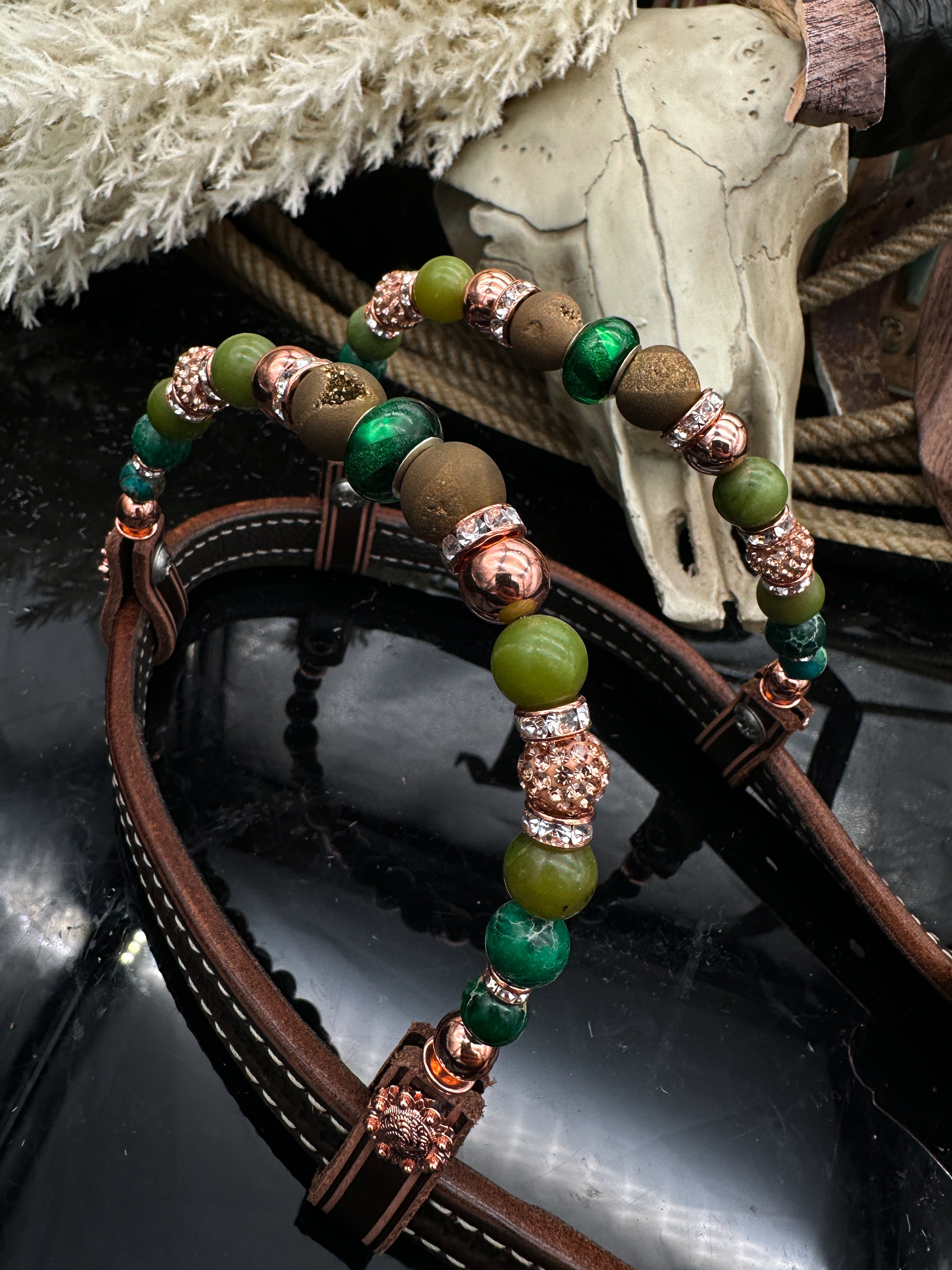 Sierra Sunset | Dark brown rose gold & green | Premium western bridle