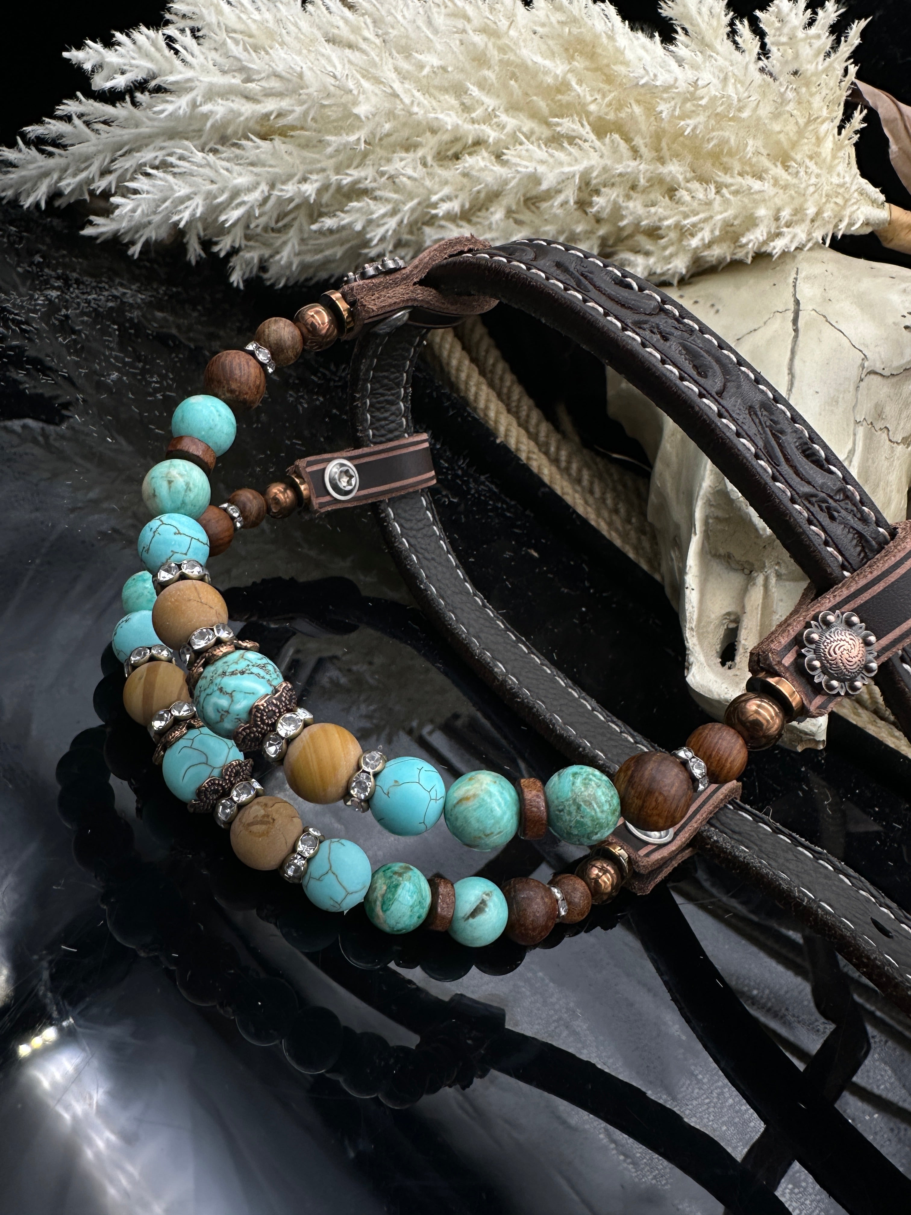 Premium | Sand & Türkis | Dark Chestnut Westernzaum