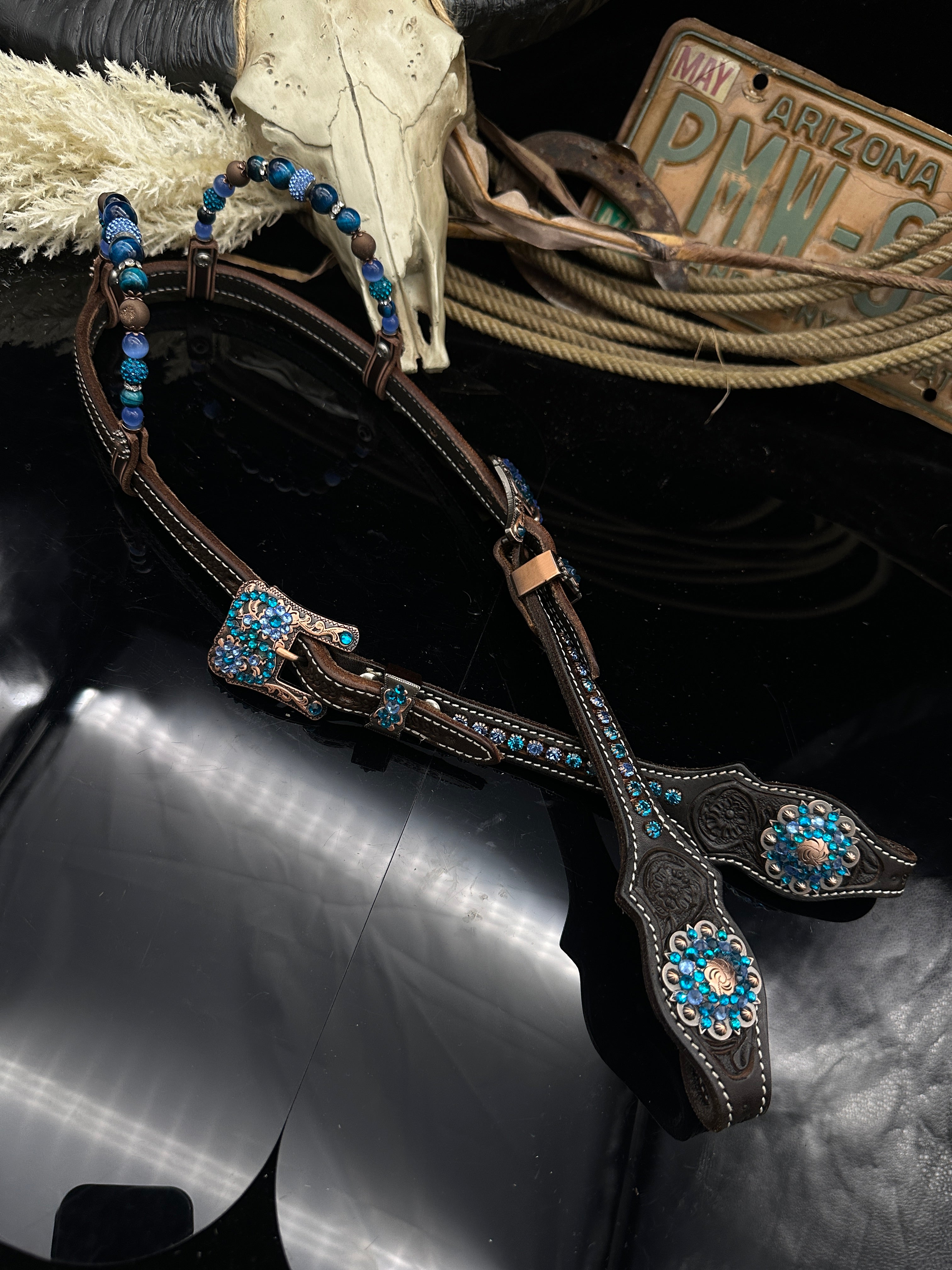 Premium | Perfect Turquoise & Blue | Dark brown western bridle