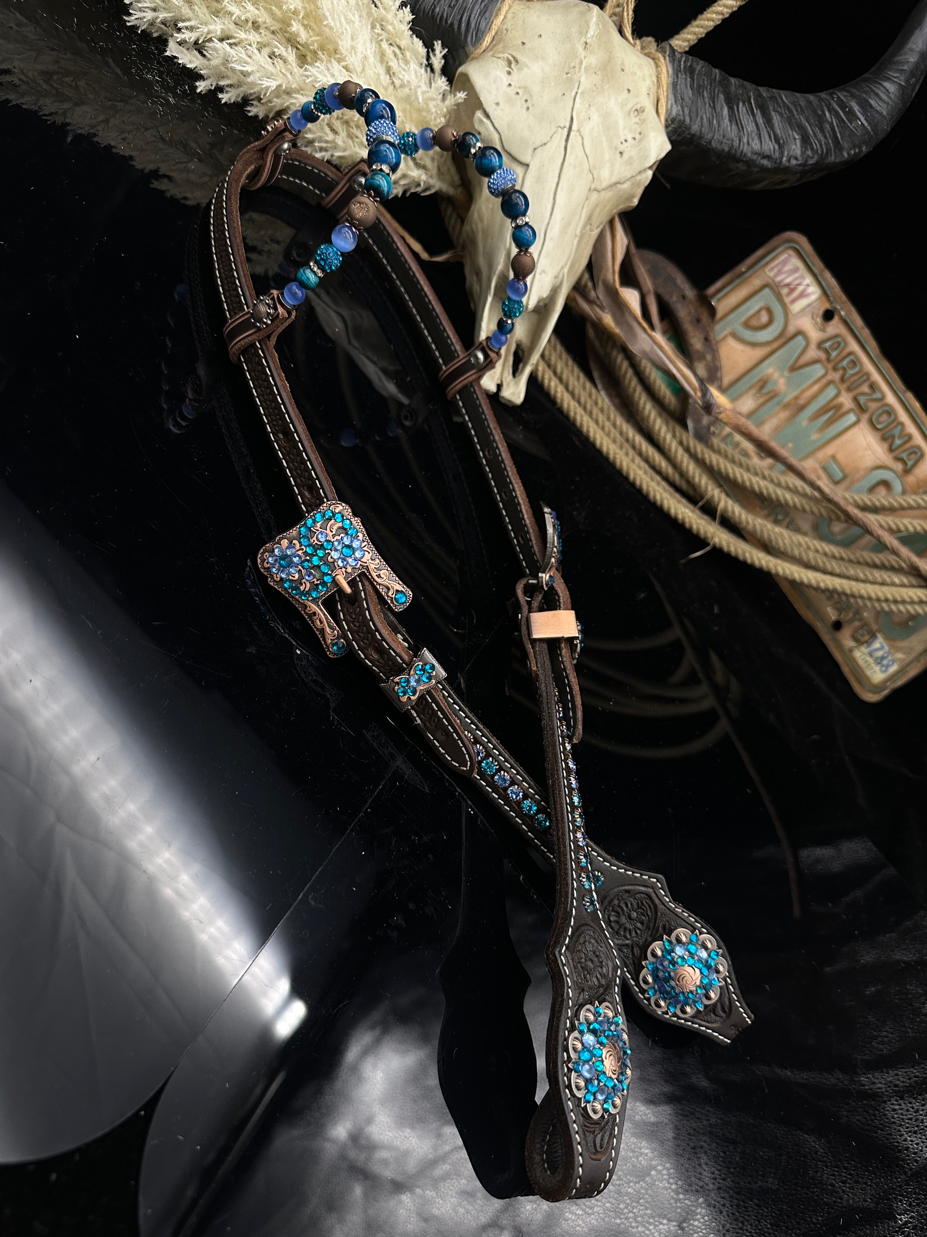 Premium | Perfect Turquoise & Blue | Dark brown western bridle