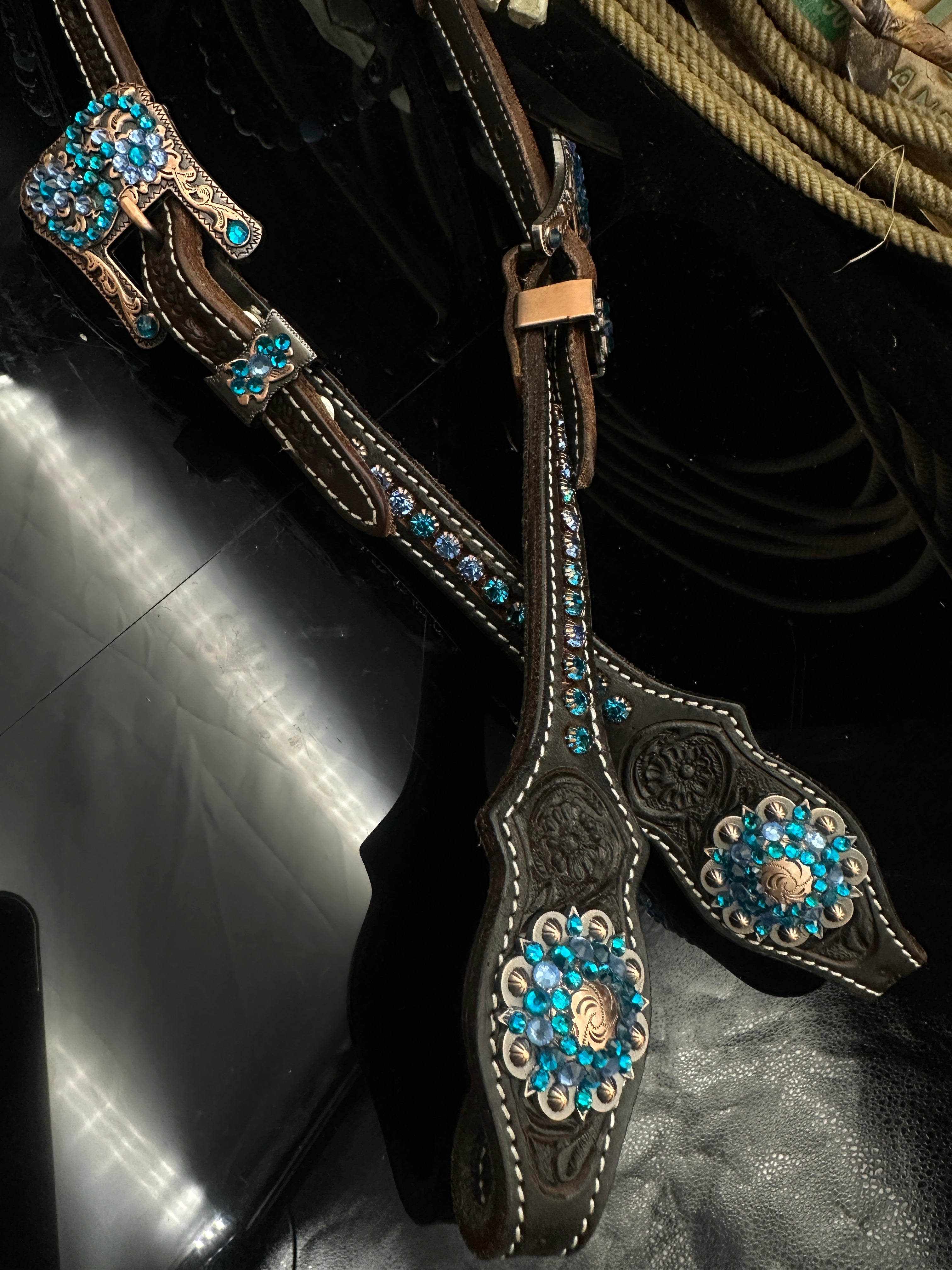 Premium | Perfect Turquoise & Blue | Dark brown western bridle