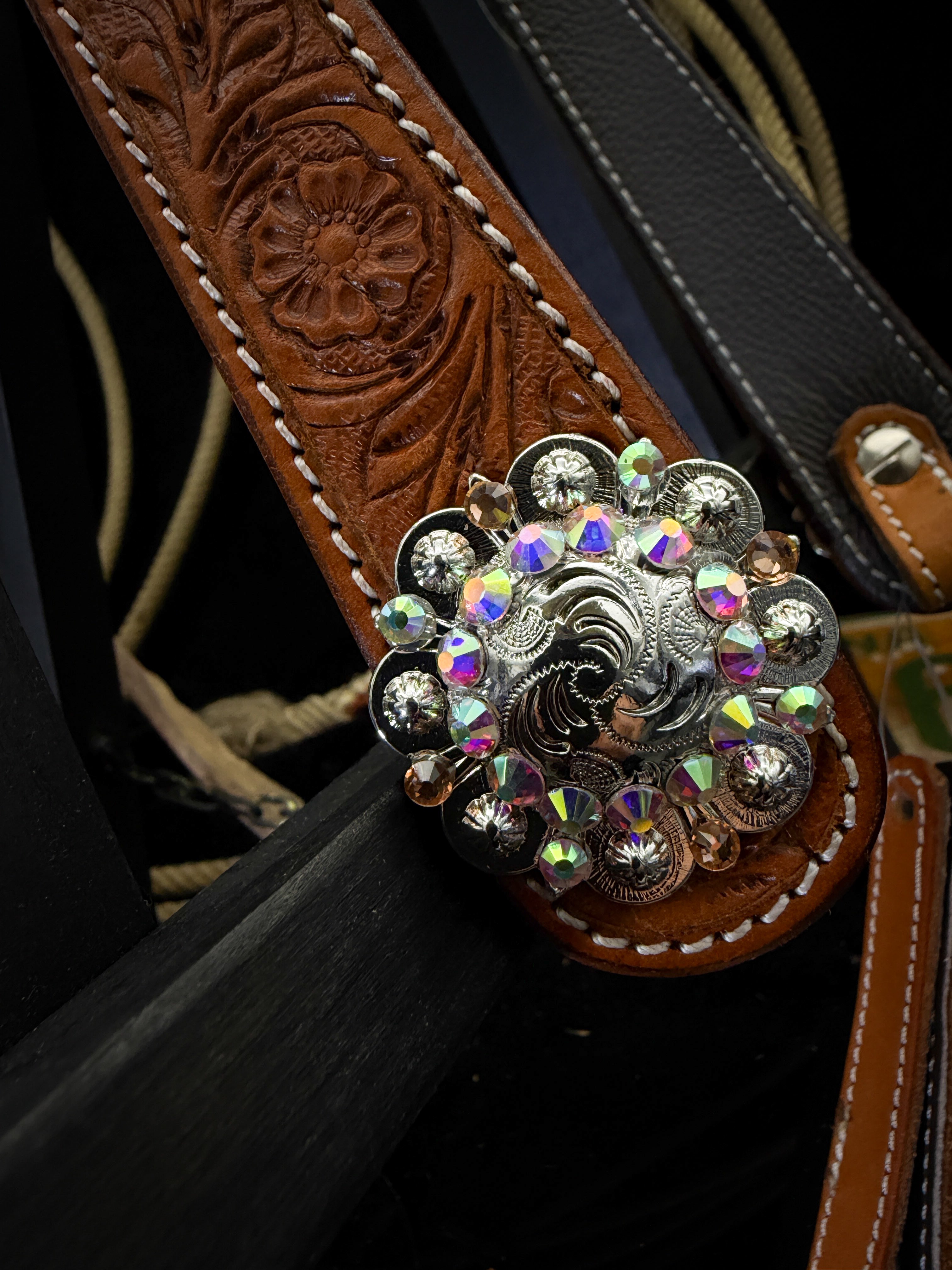 Premium | Western headstall | Antique dark chestnut | Turquoise Shine