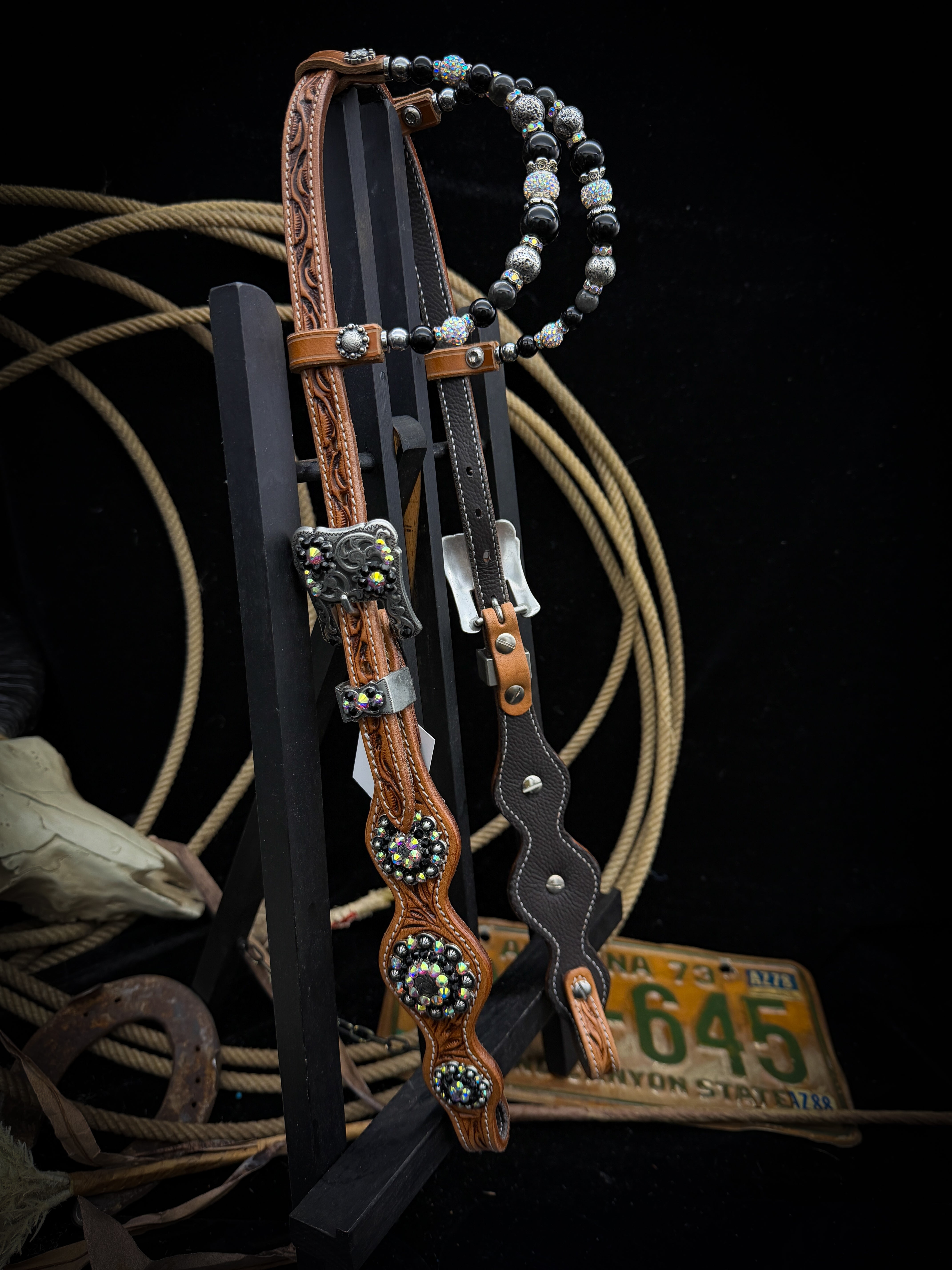 Premium | Labradoriet & Onyx | Antique Russet Western Hoofdstel