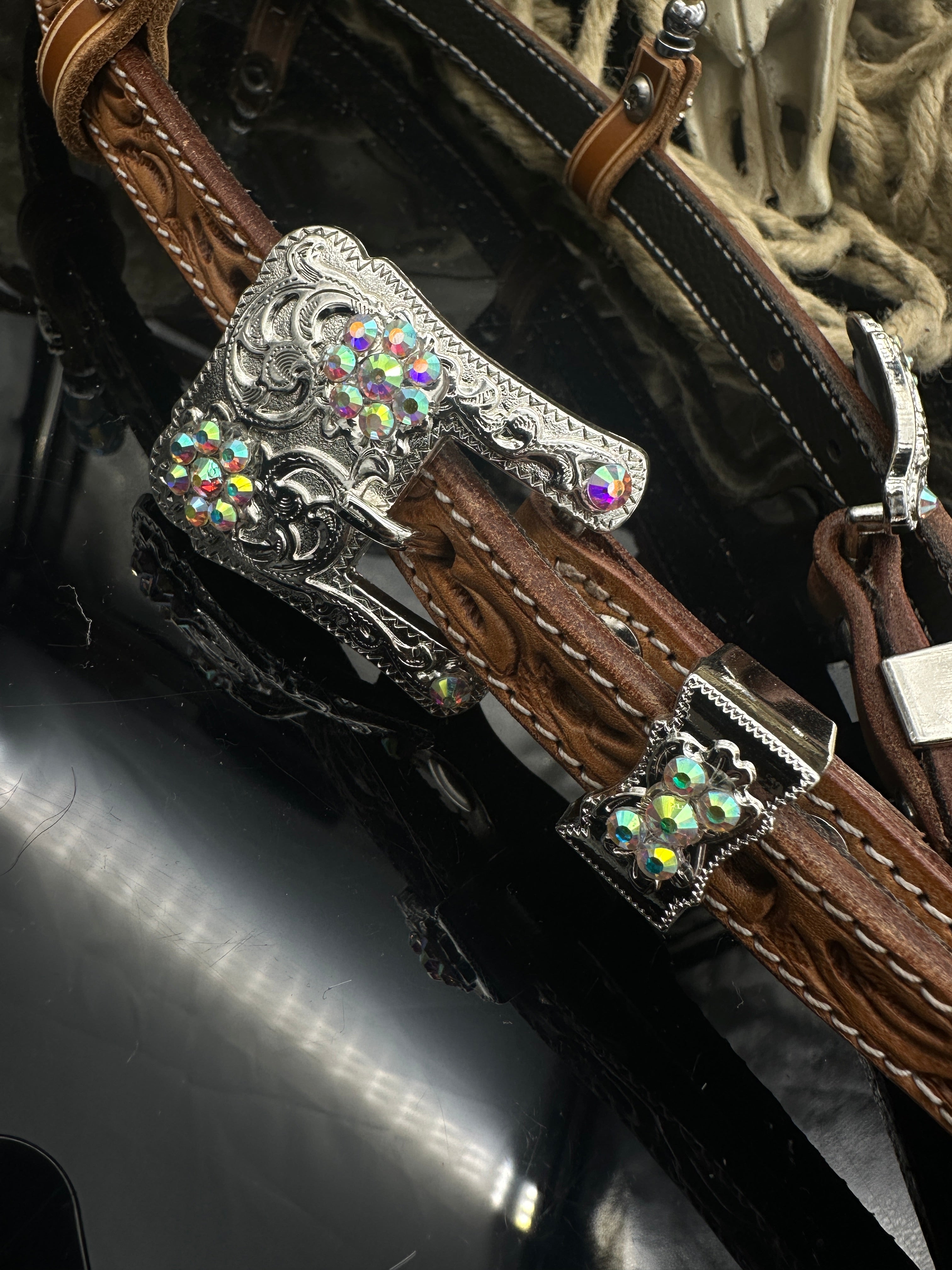 Premium | Elegant Russet Show Headstall | Silver & AB