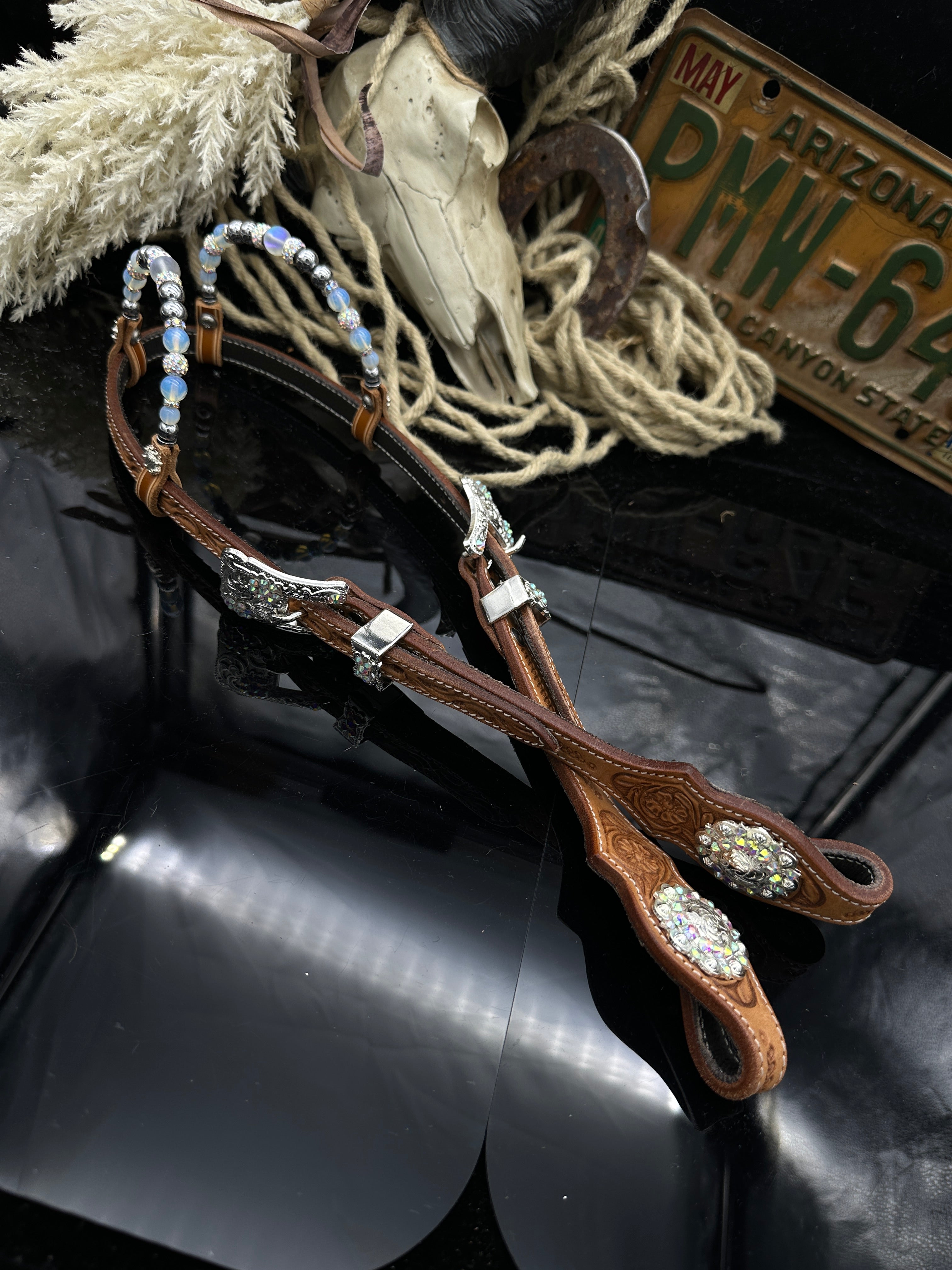 Premium | Elegant Russet Show Headstall | Silver & AB