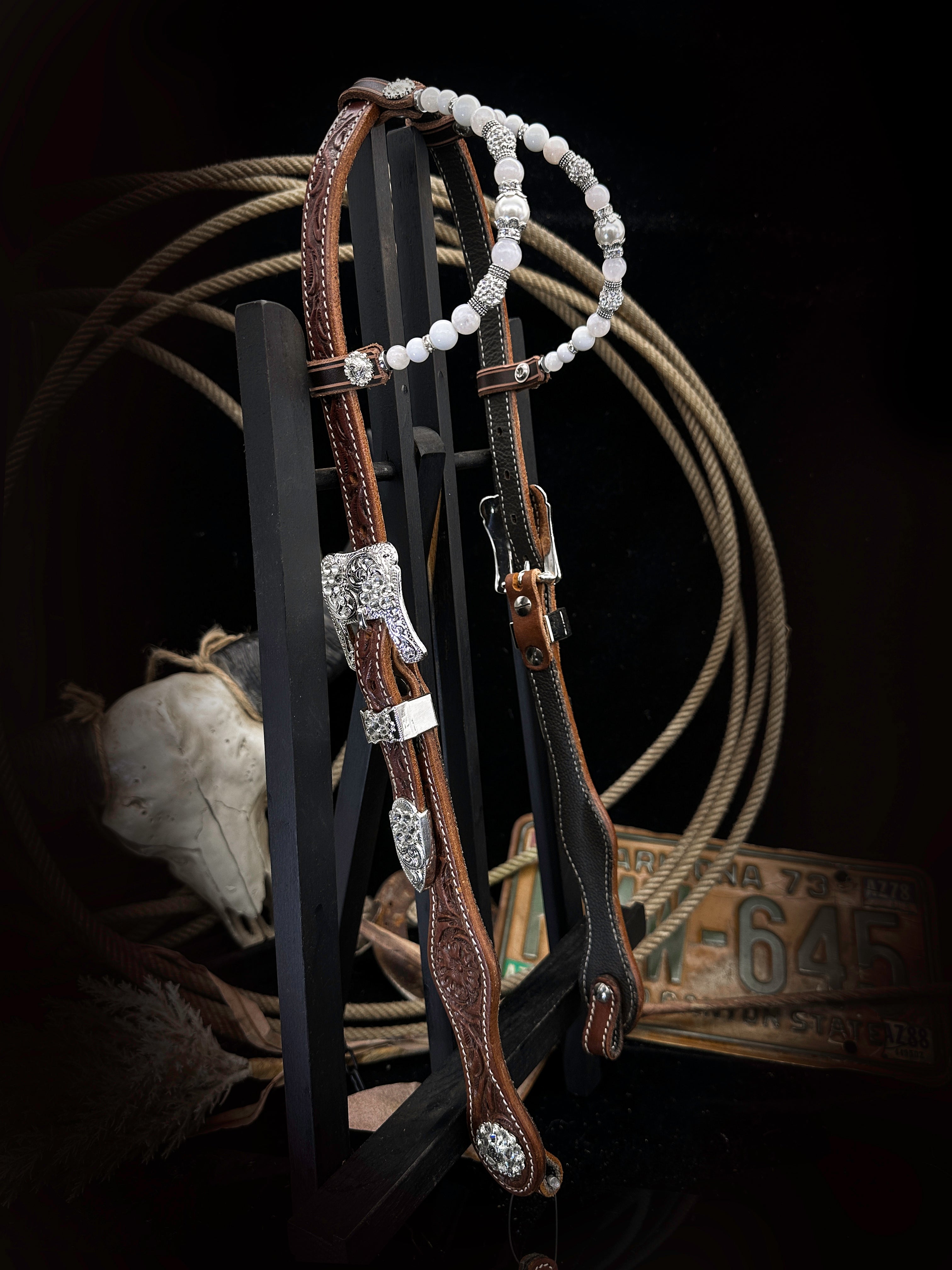 Premium | Western bridle | Silver Floral & White Moon