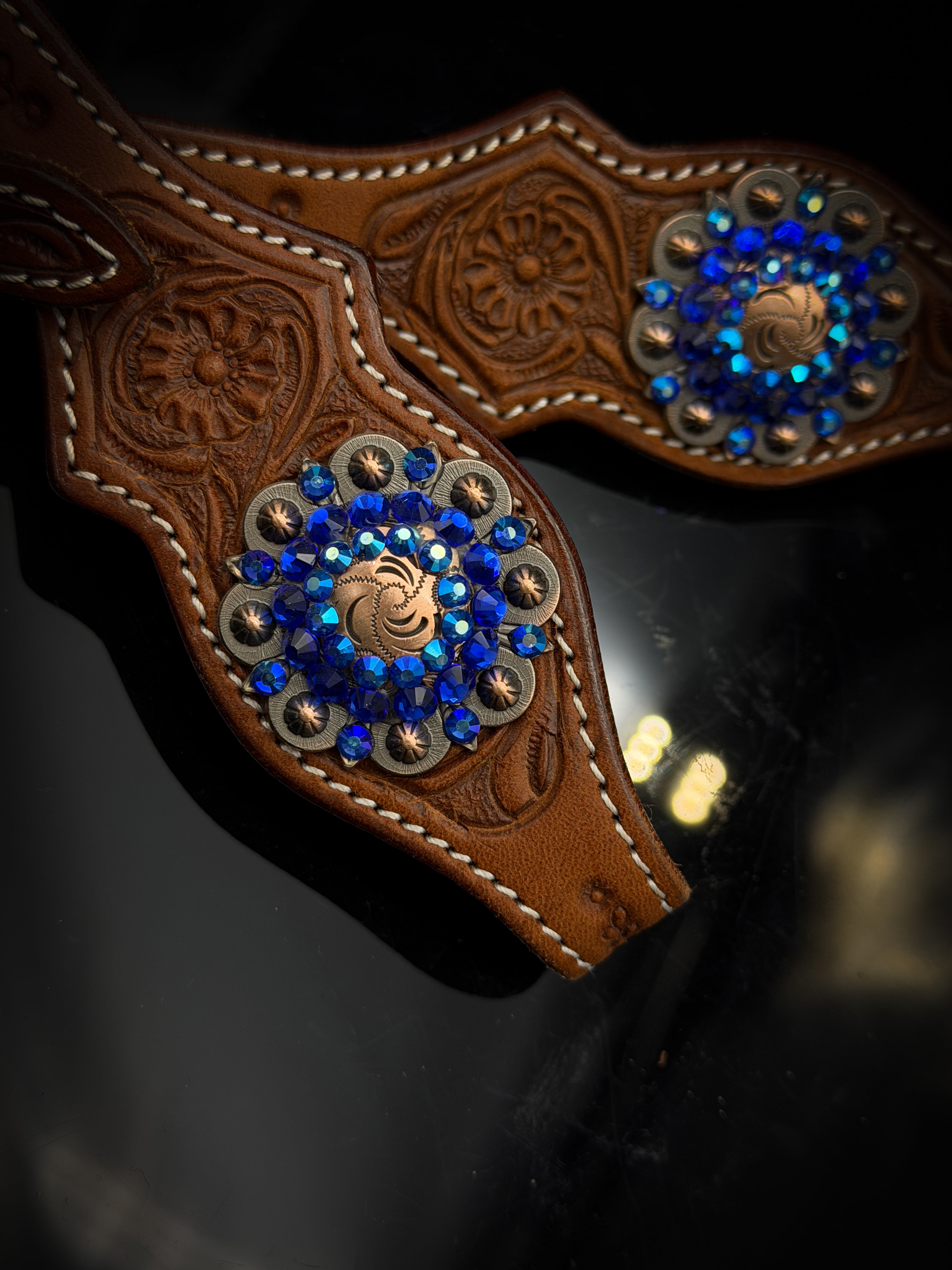 Premium | Chestnut flower tooled western bridle | Copper & Blue