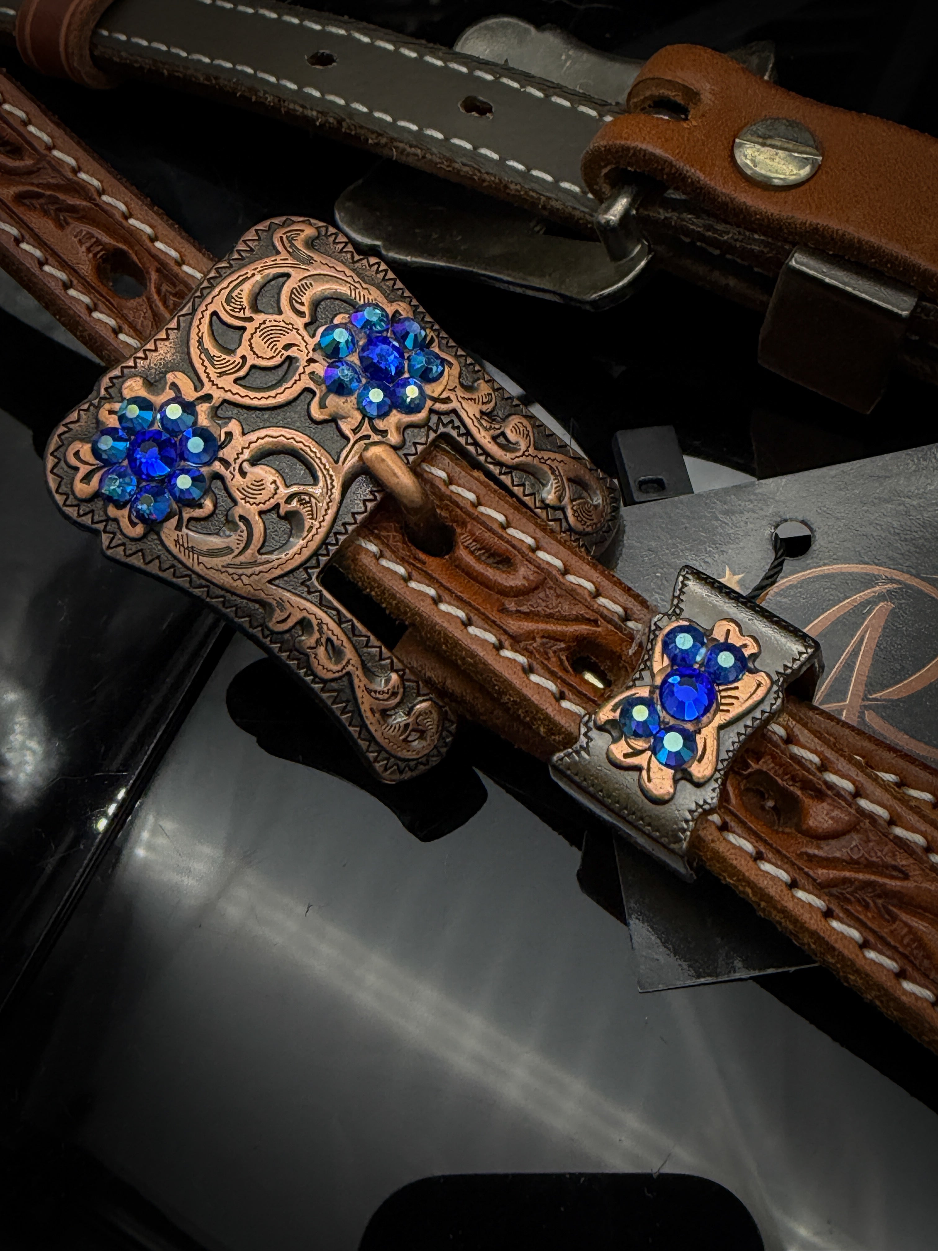 Premium | Chestnut flower tooled western bridle | Copper & Blue