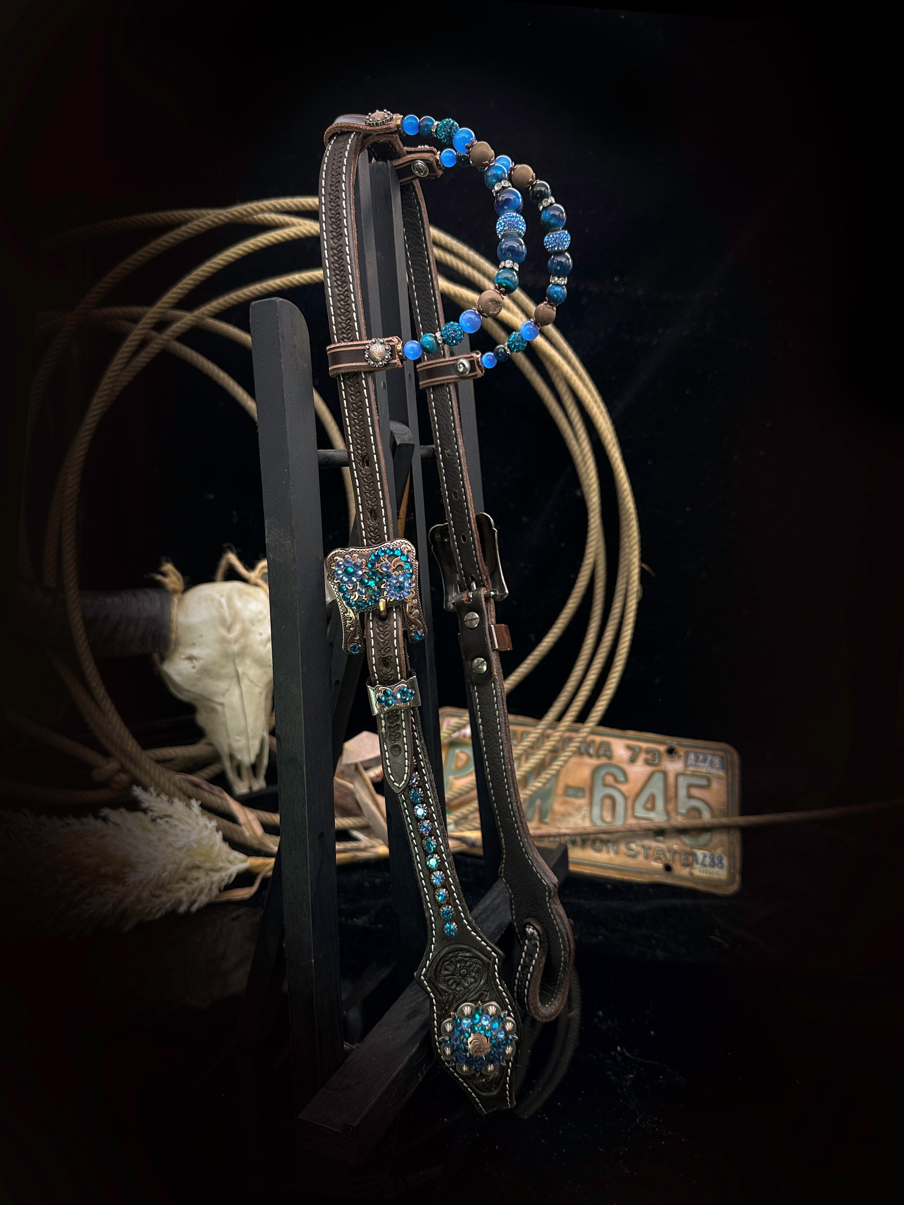 Premium | Perfect Turquoise & Blue | Dark brown western bridle