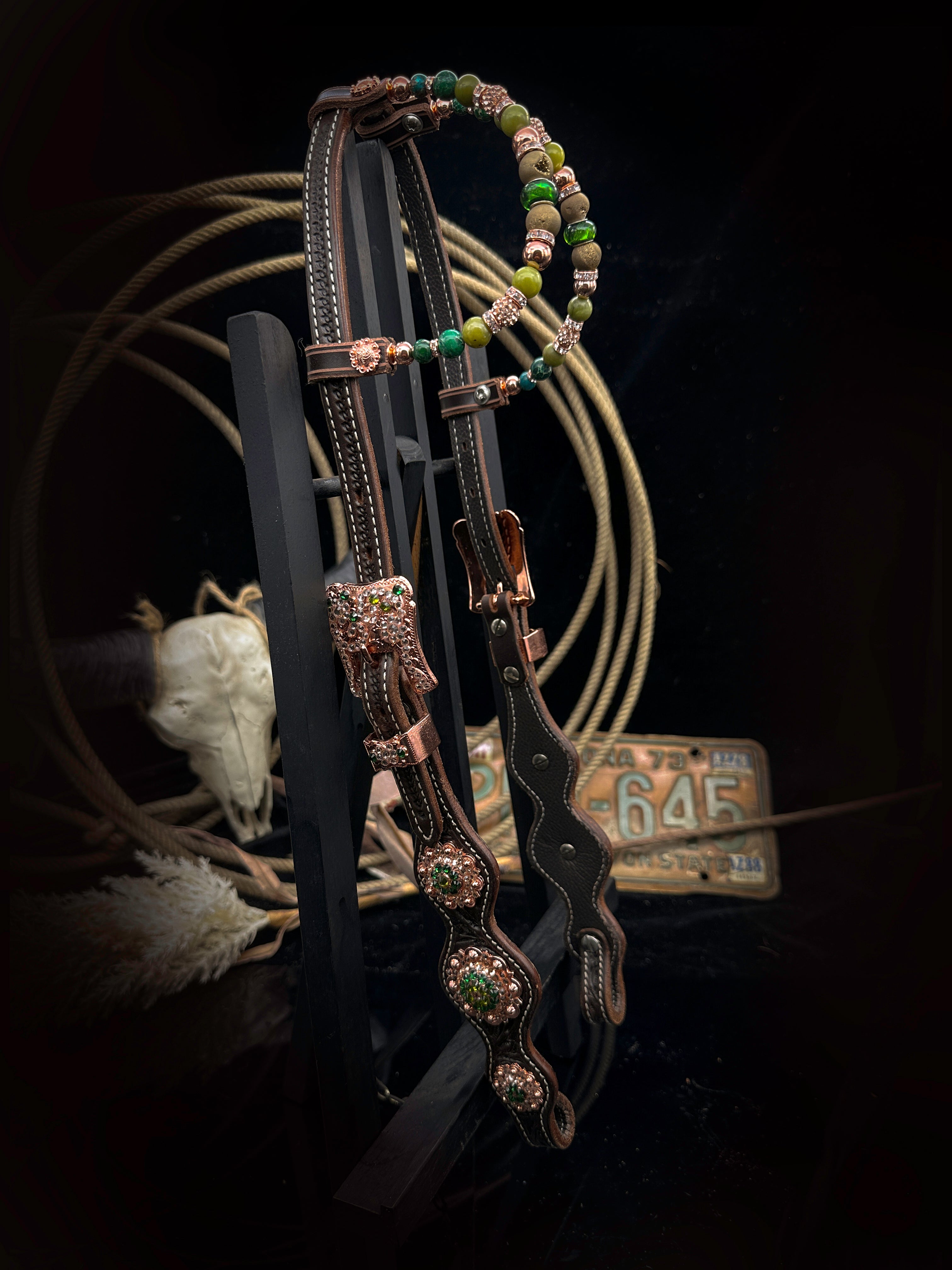 Sierra Sunset | Dark brown rose gold & green | Premium western bridle