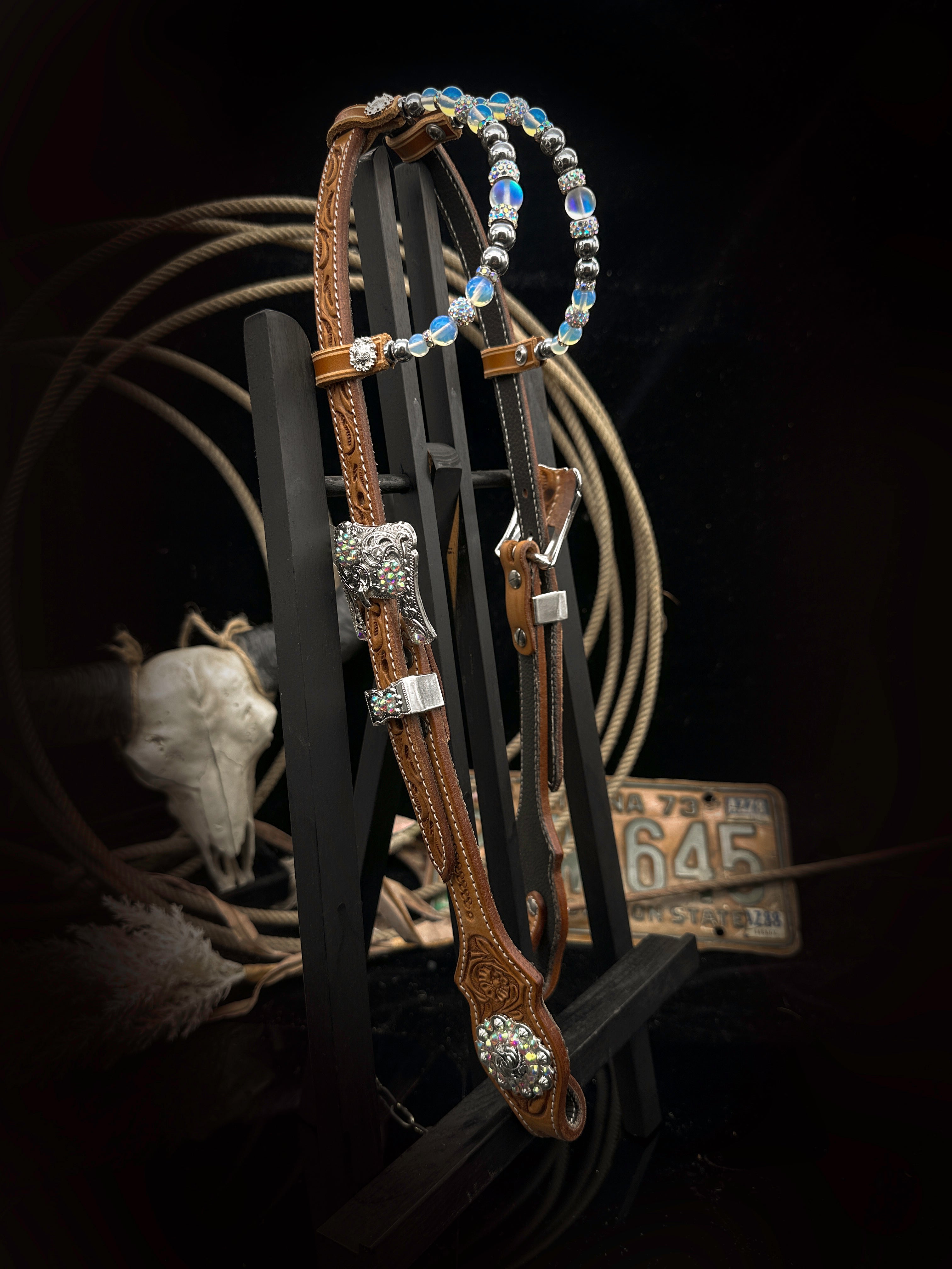Premium | Elegant Russet Show Headstall | Silver & AB