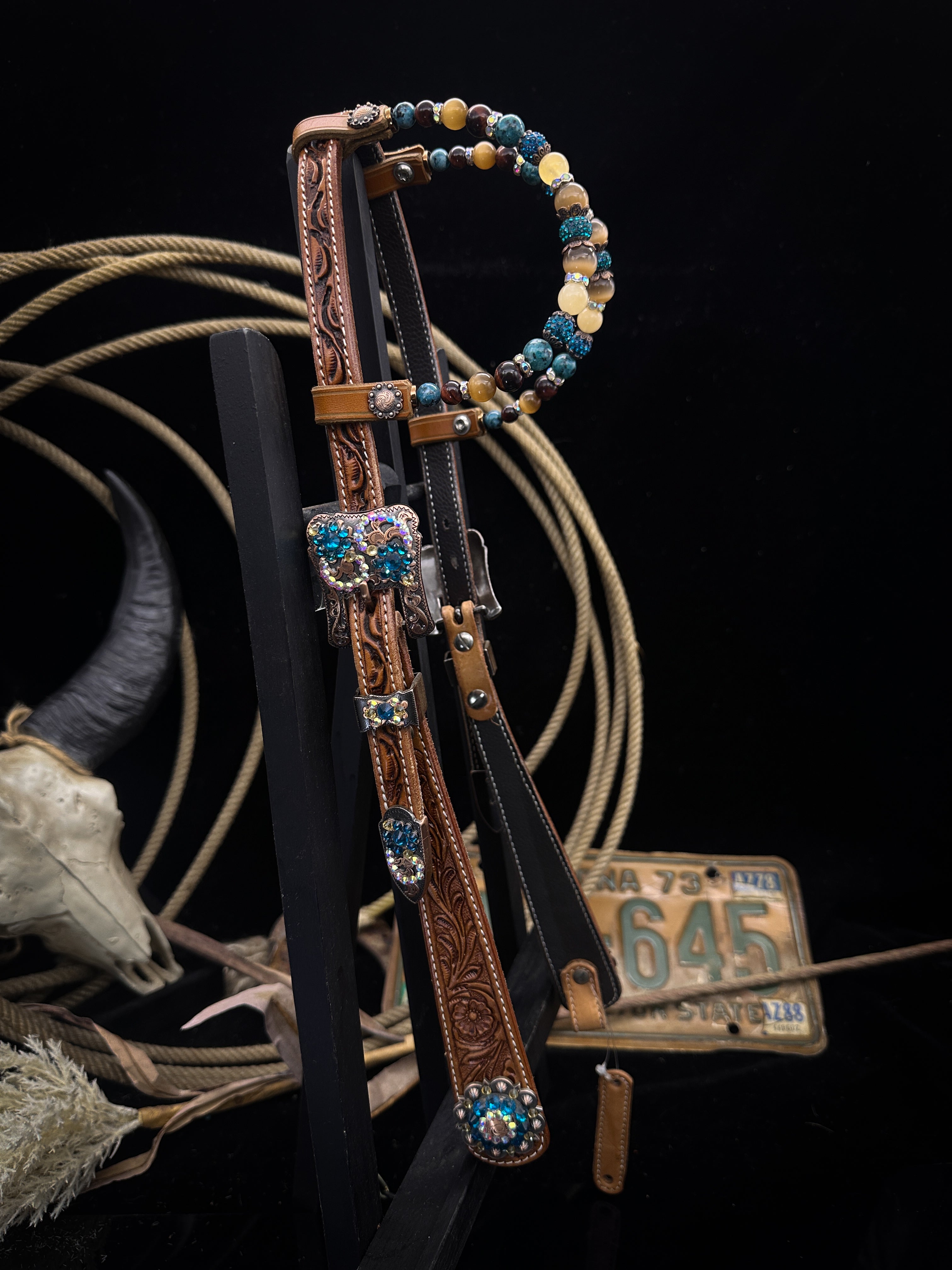 Premium | Perfect Turquoise & Blue | Dark brown western bridle