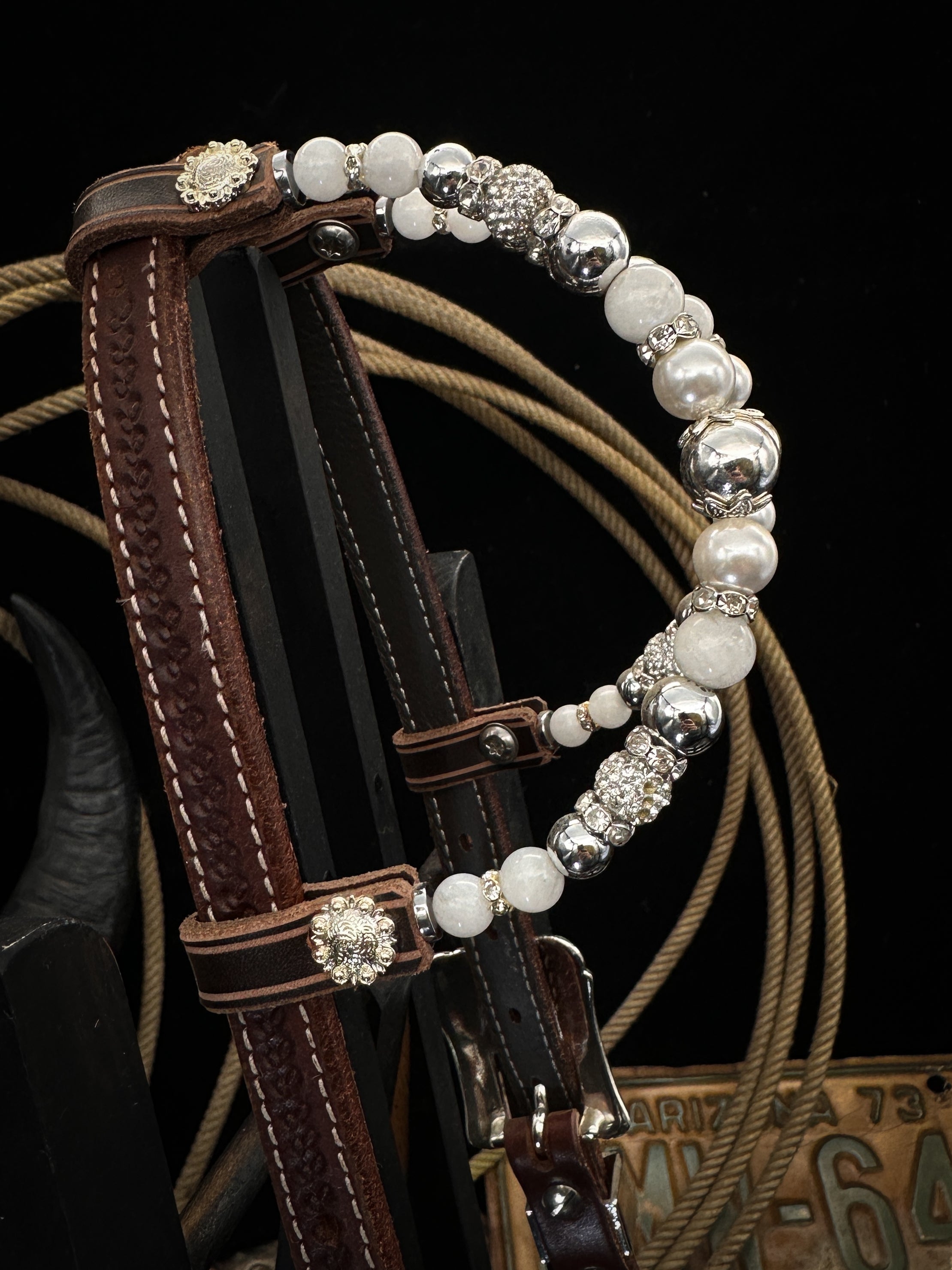 Premium | Western bridle | Silver Floral & White Moon
