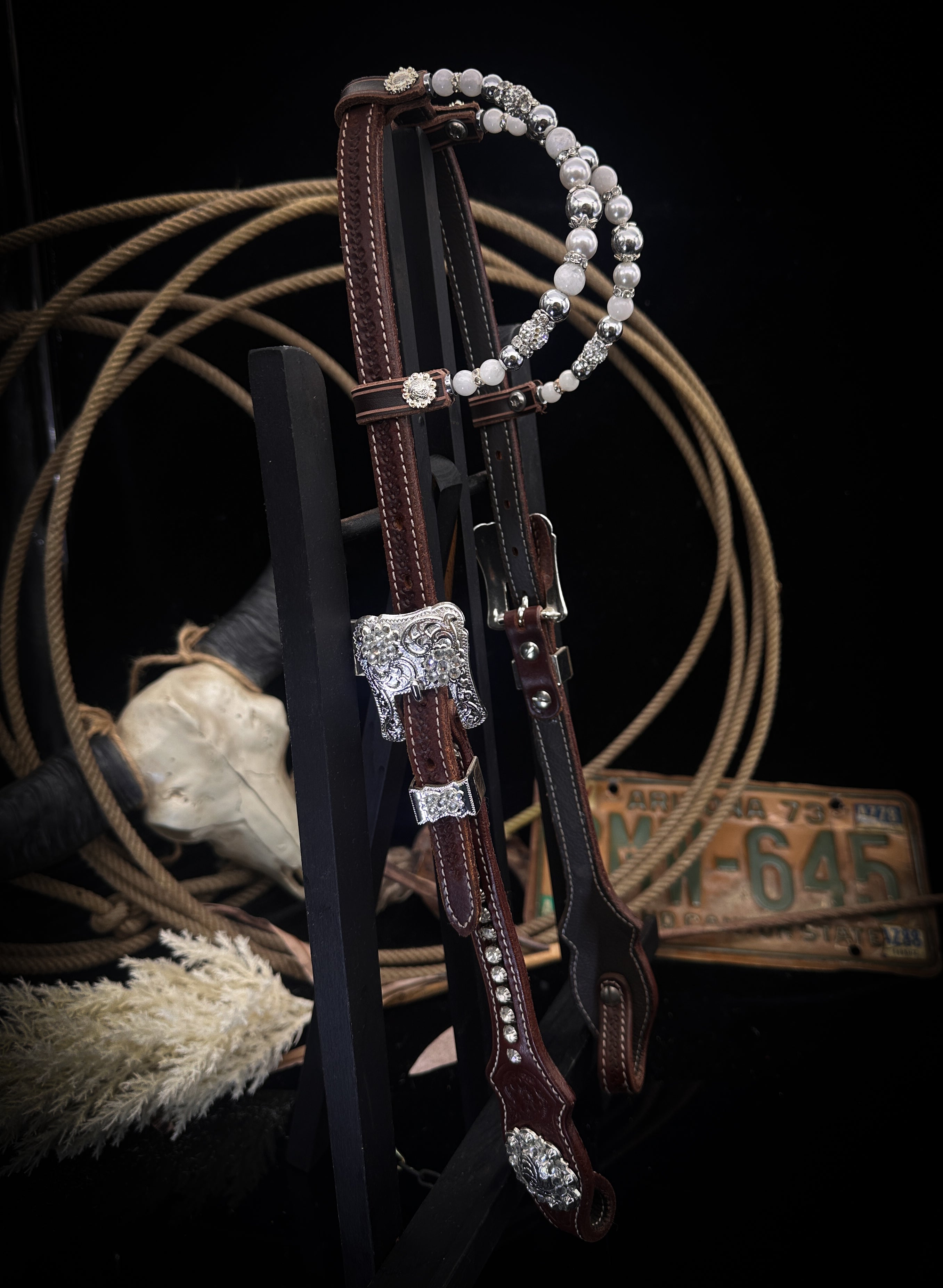 Premium | Western bridle | Silver Floral & White Moon
