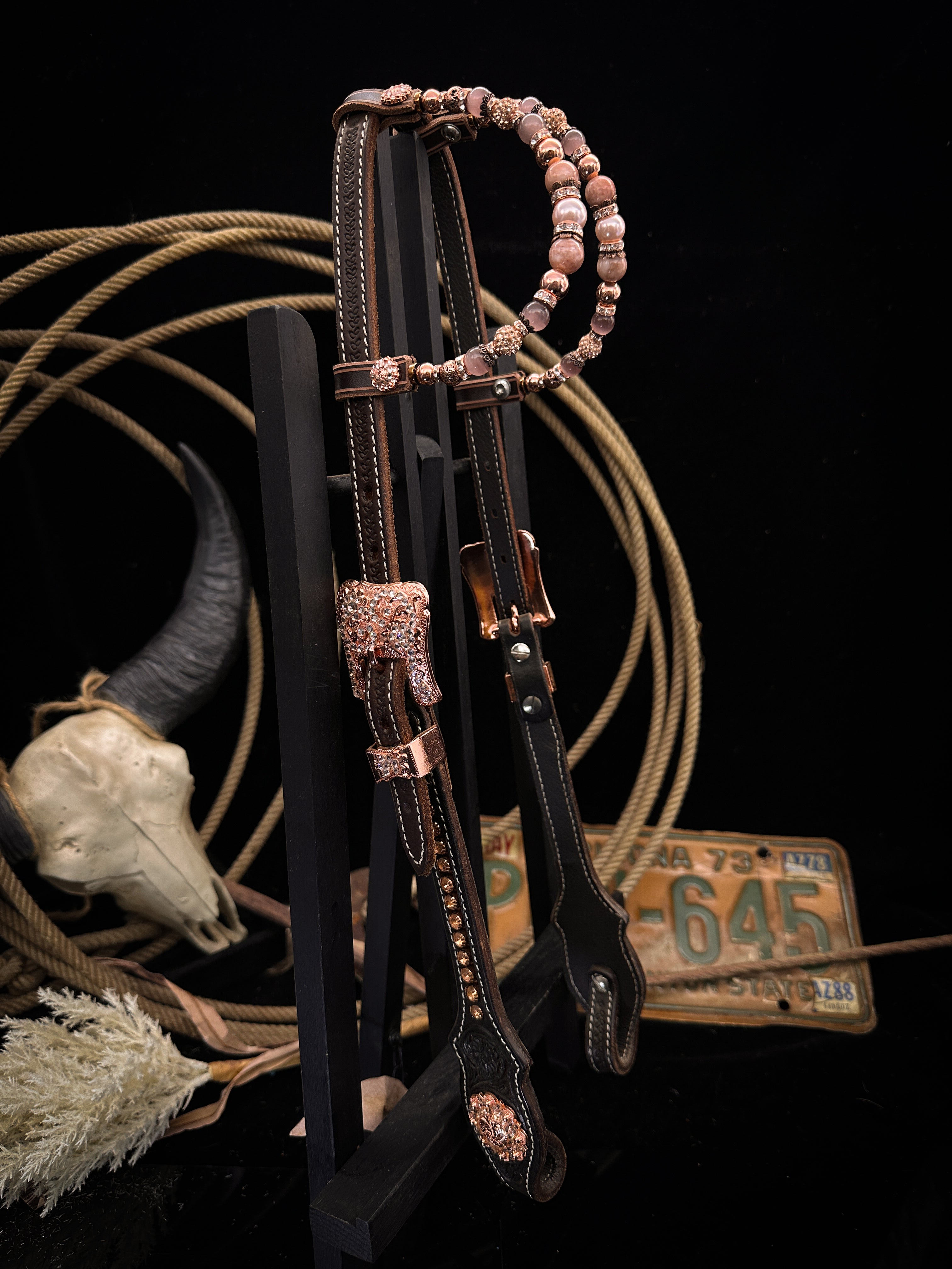 Premium | Rose gold & Peach | Floral tooled western bridle