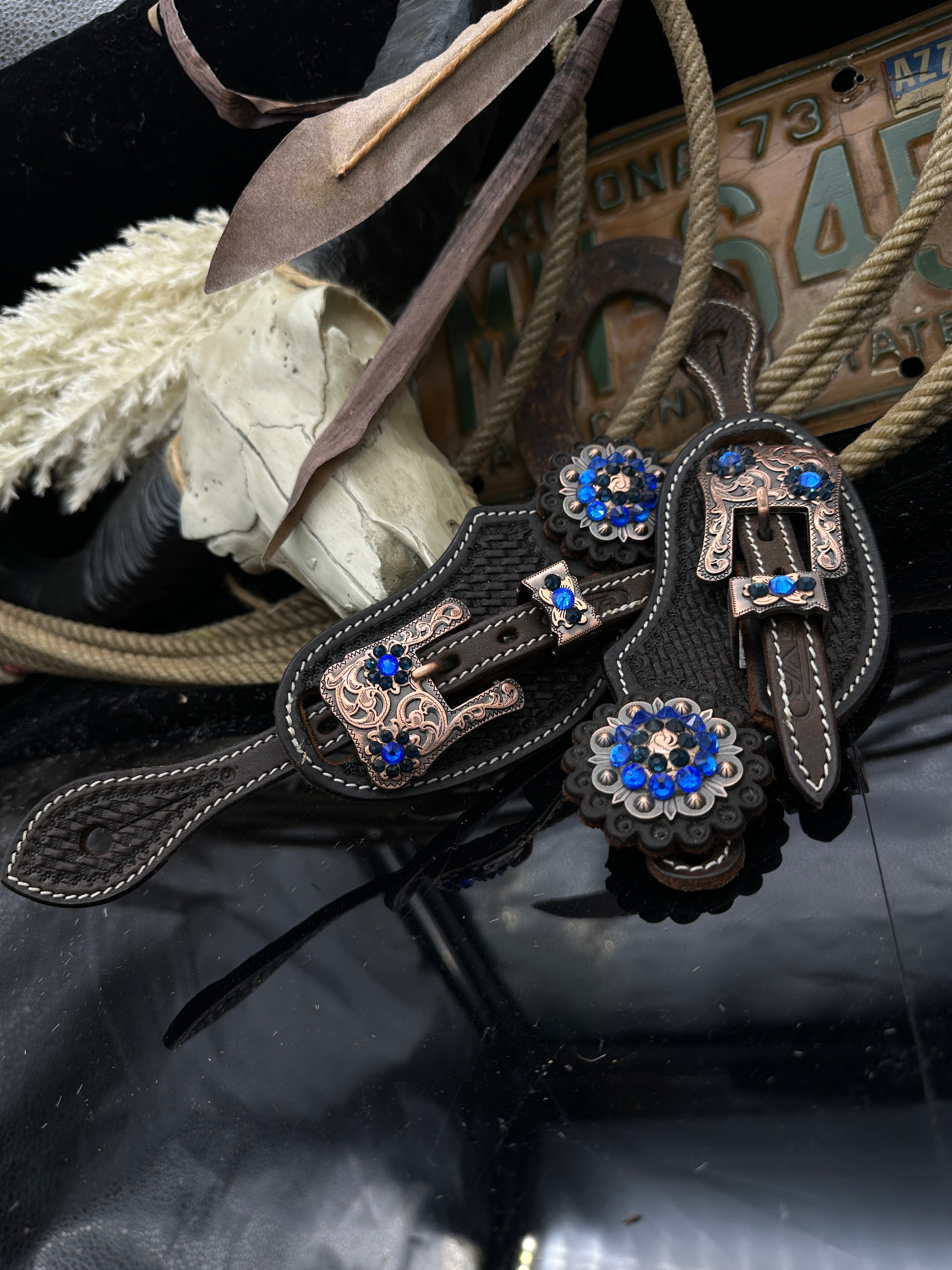 Premium | Dark brown | Kopper &amp; blue western spurstraps