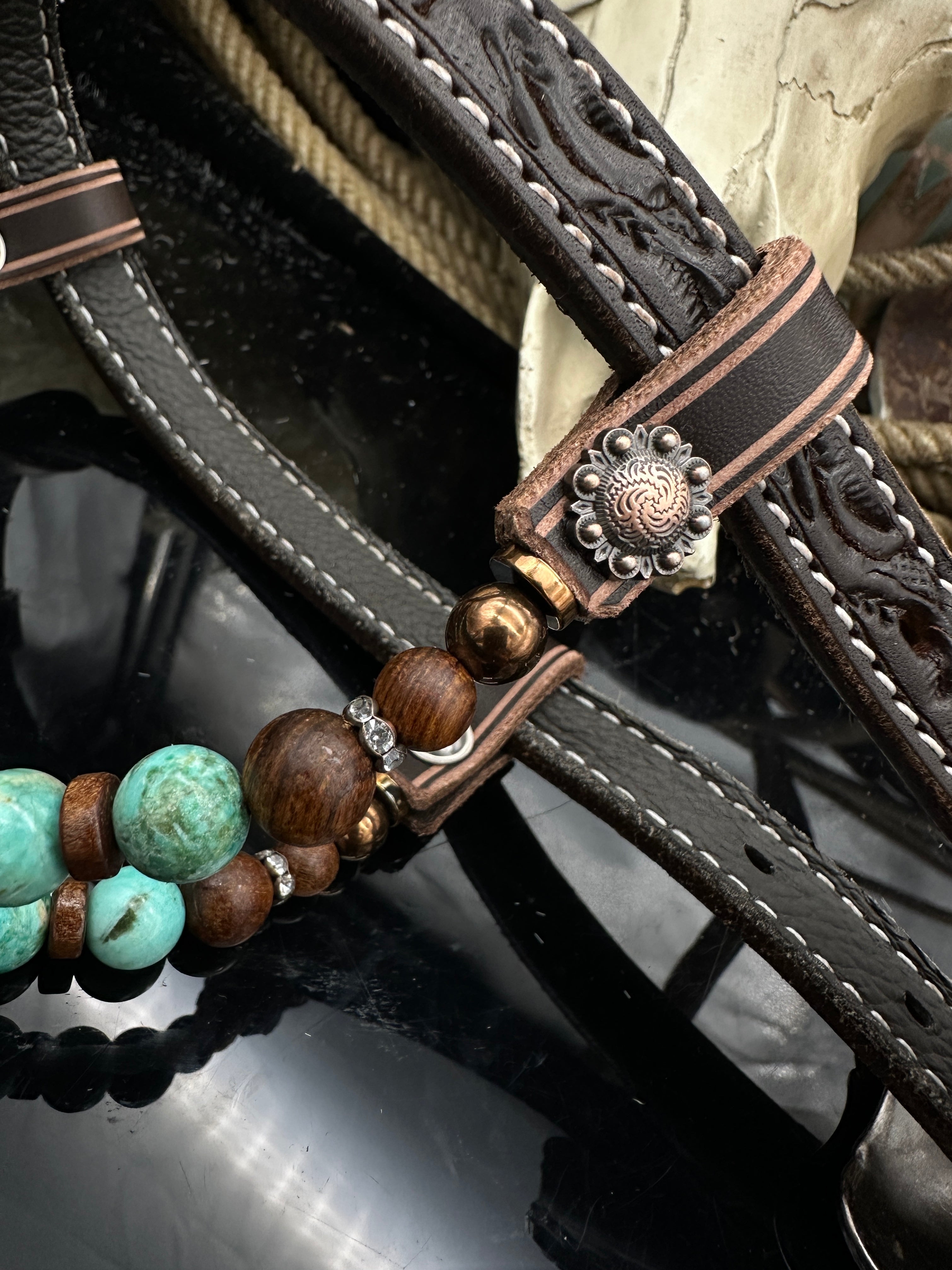 Premium | Sand &amp; Türkis | Dark Chestnut Westernzaum