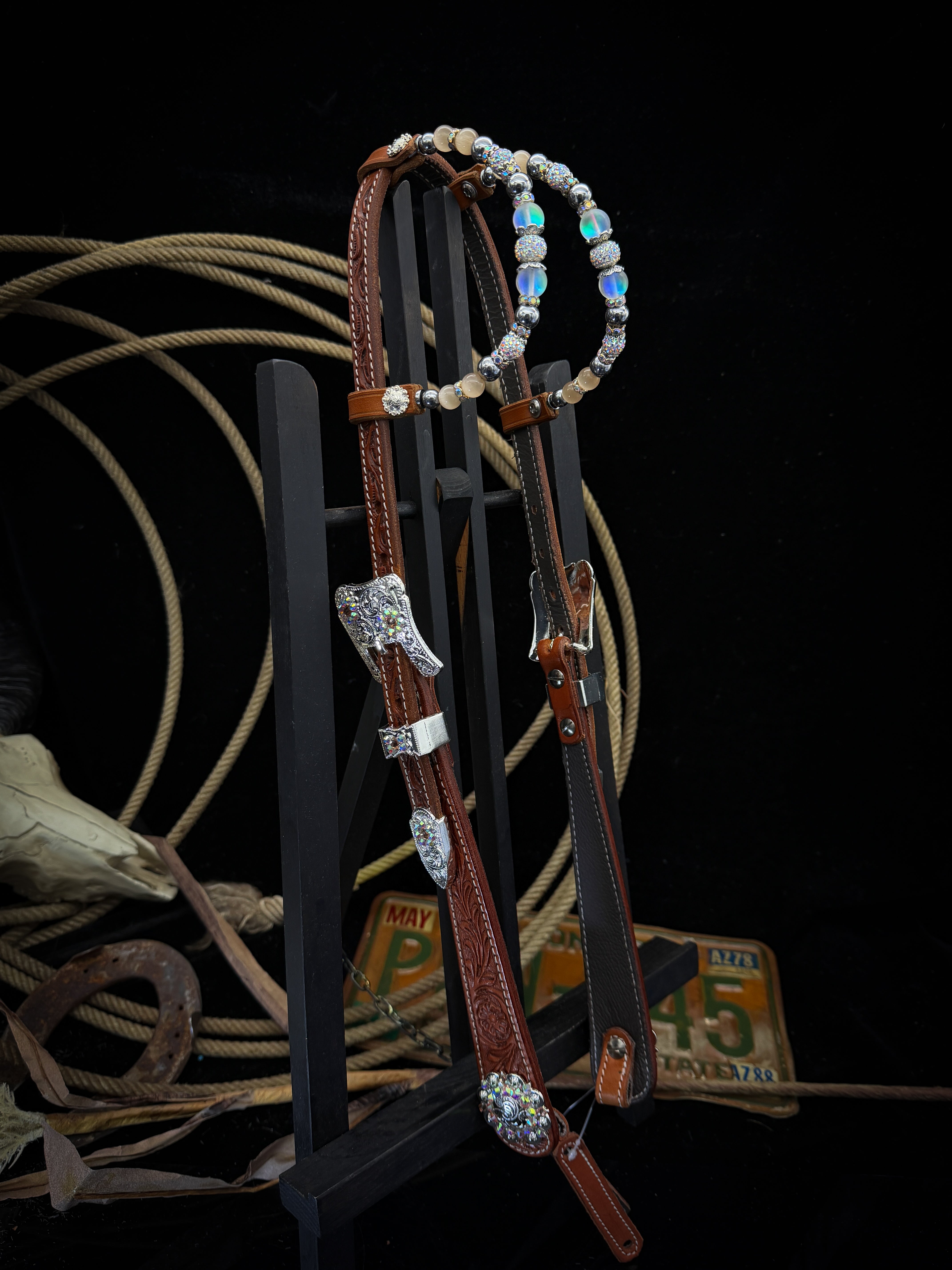 Premium | Western headstall | Antique dark chestnut | Turquoise Shine
