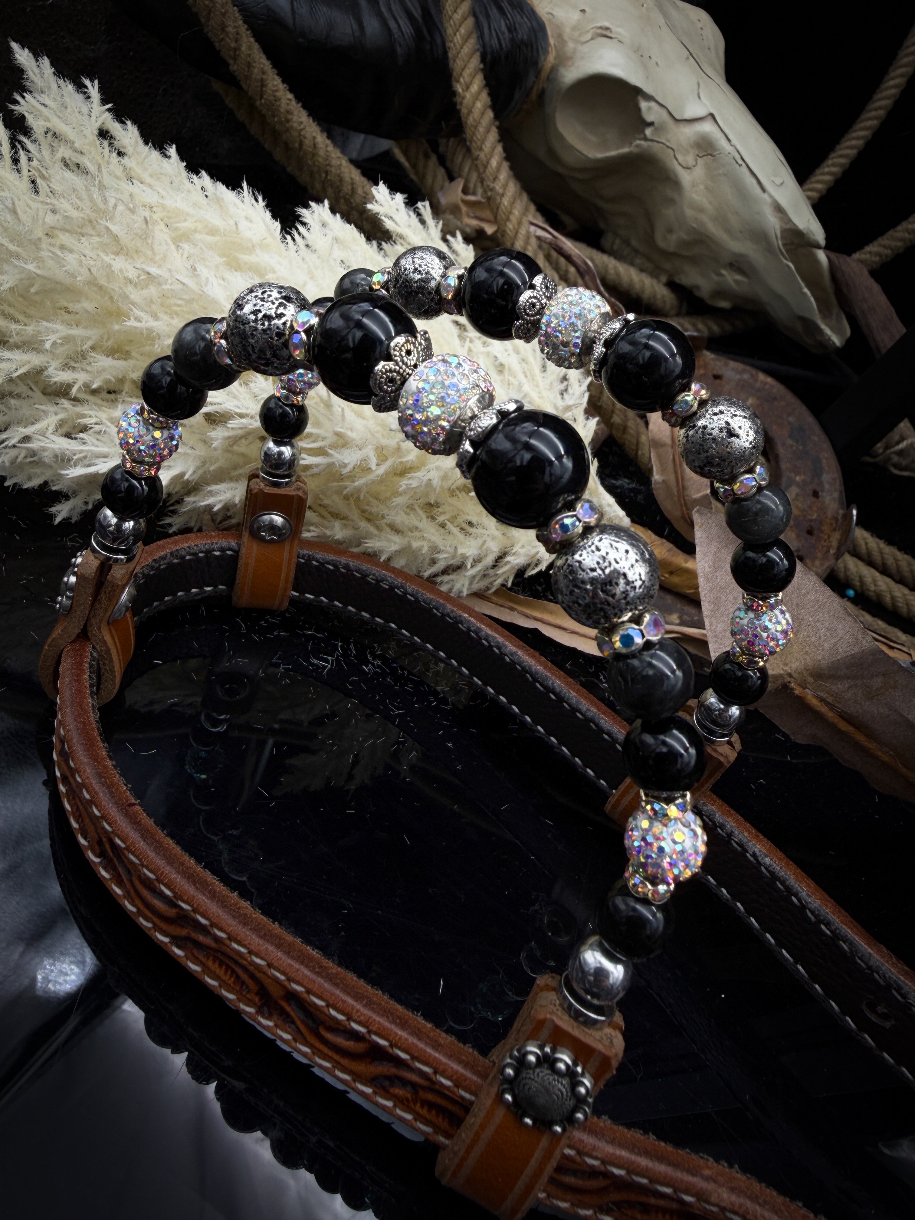 Premium | Labradorite & Onyx | Antique Russet Western Bridle