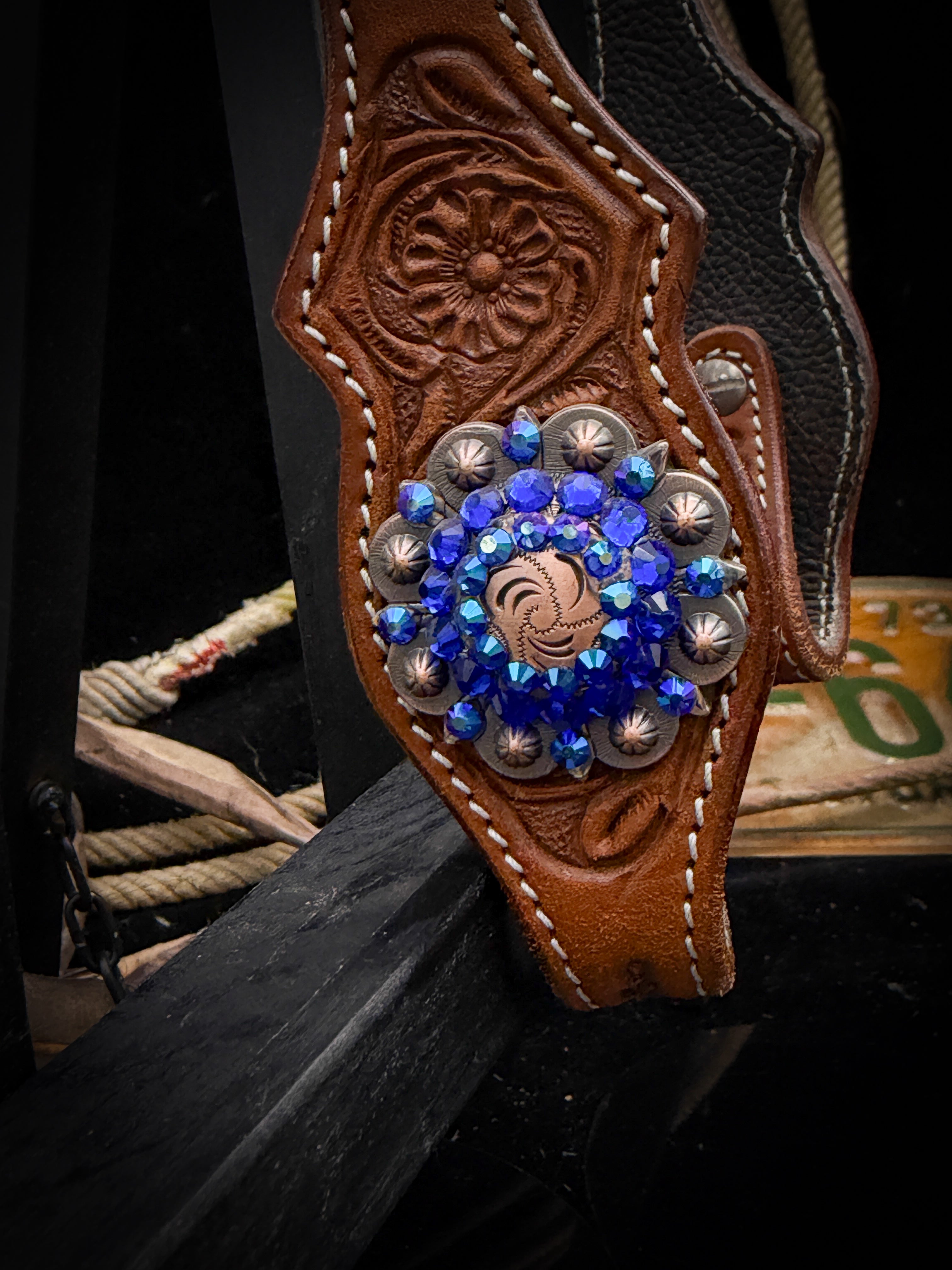 Premium | Chestnut flower tooled western bridle | Copper &amp; Blue