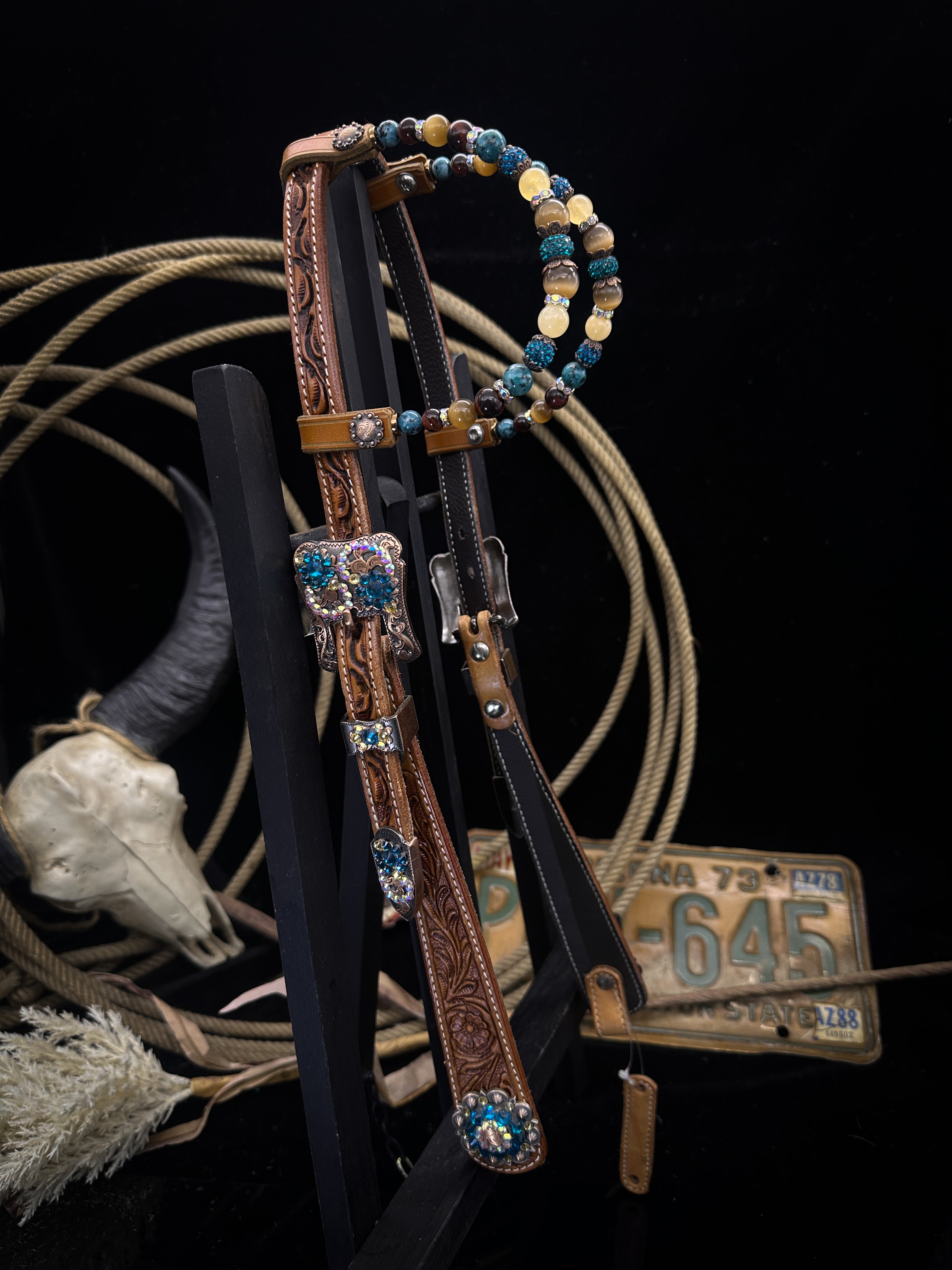Premium | Perfect Turquoise &amp; Blue | Dark brown western bridle