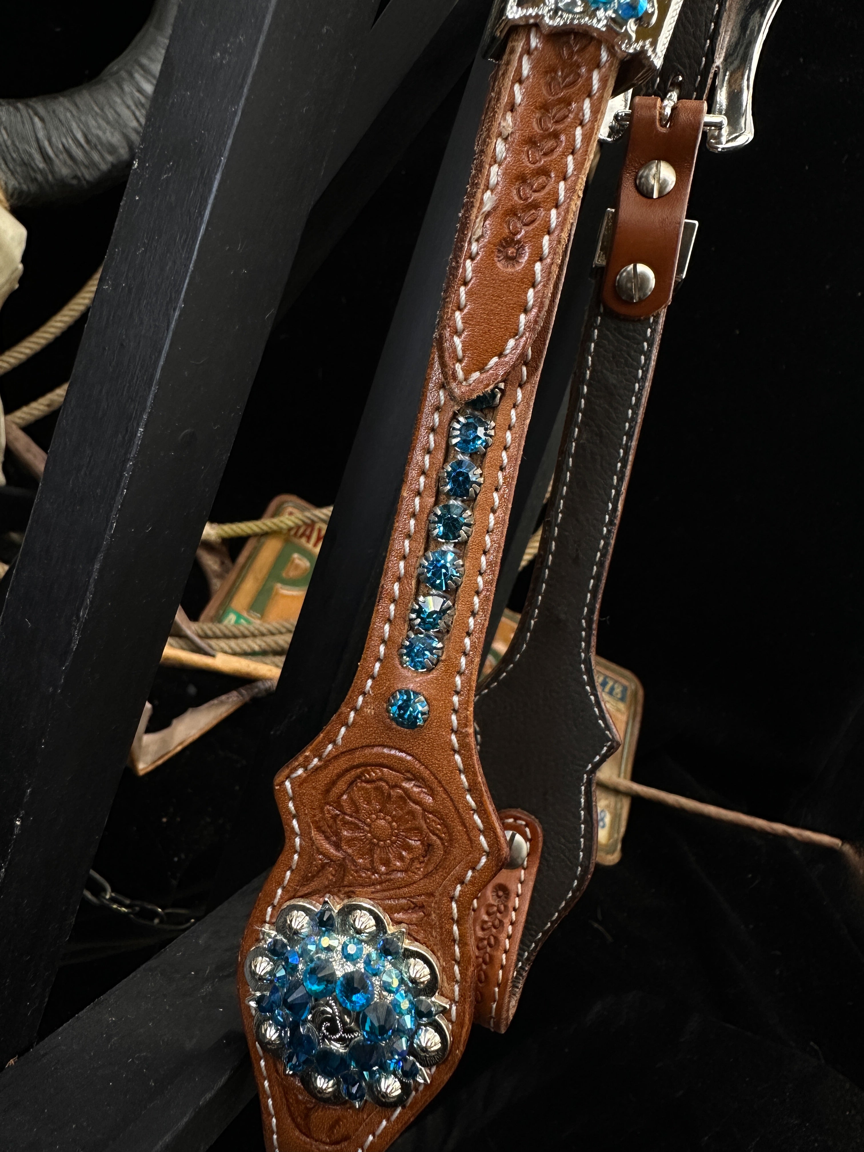 Premium | Chestnut flower tooled western bridle | Copper &amp; Blue