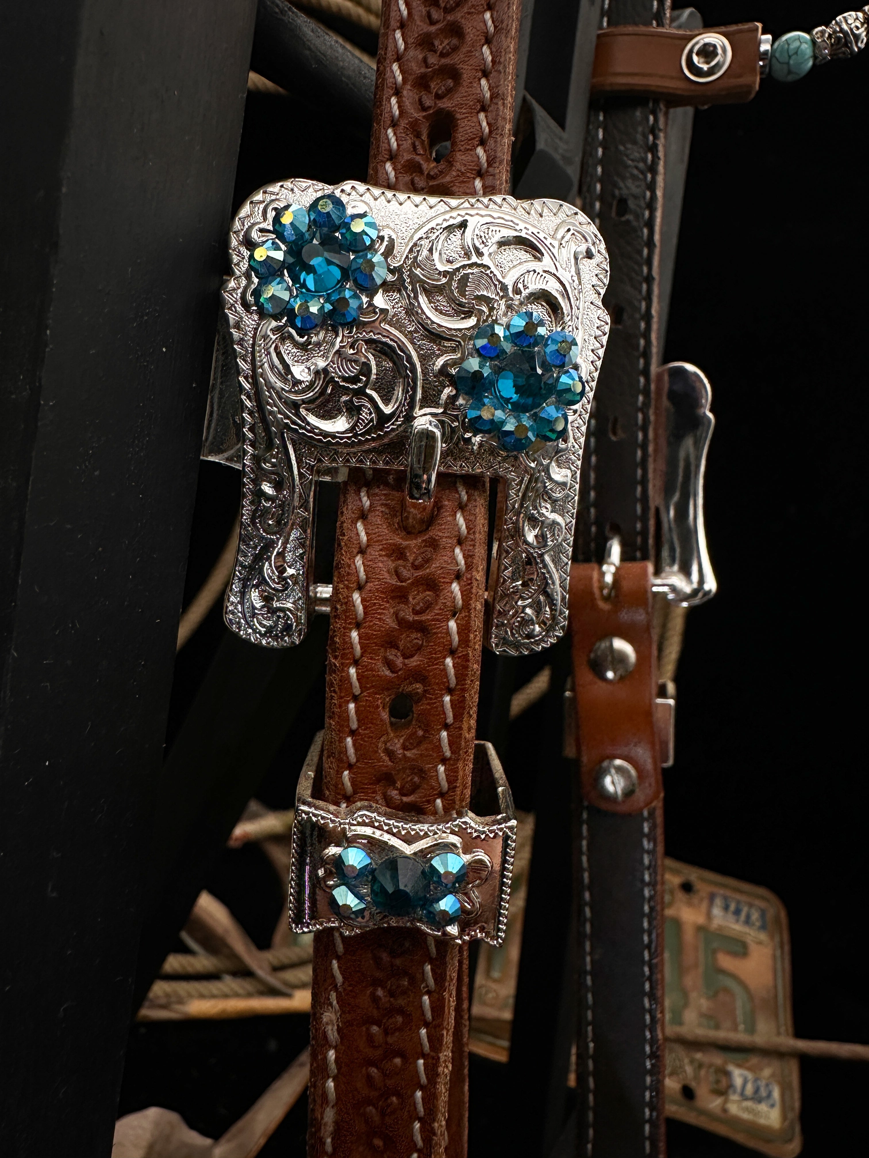 Premium | Chestnut flower tooled western bridle | Copper &amp; Blue