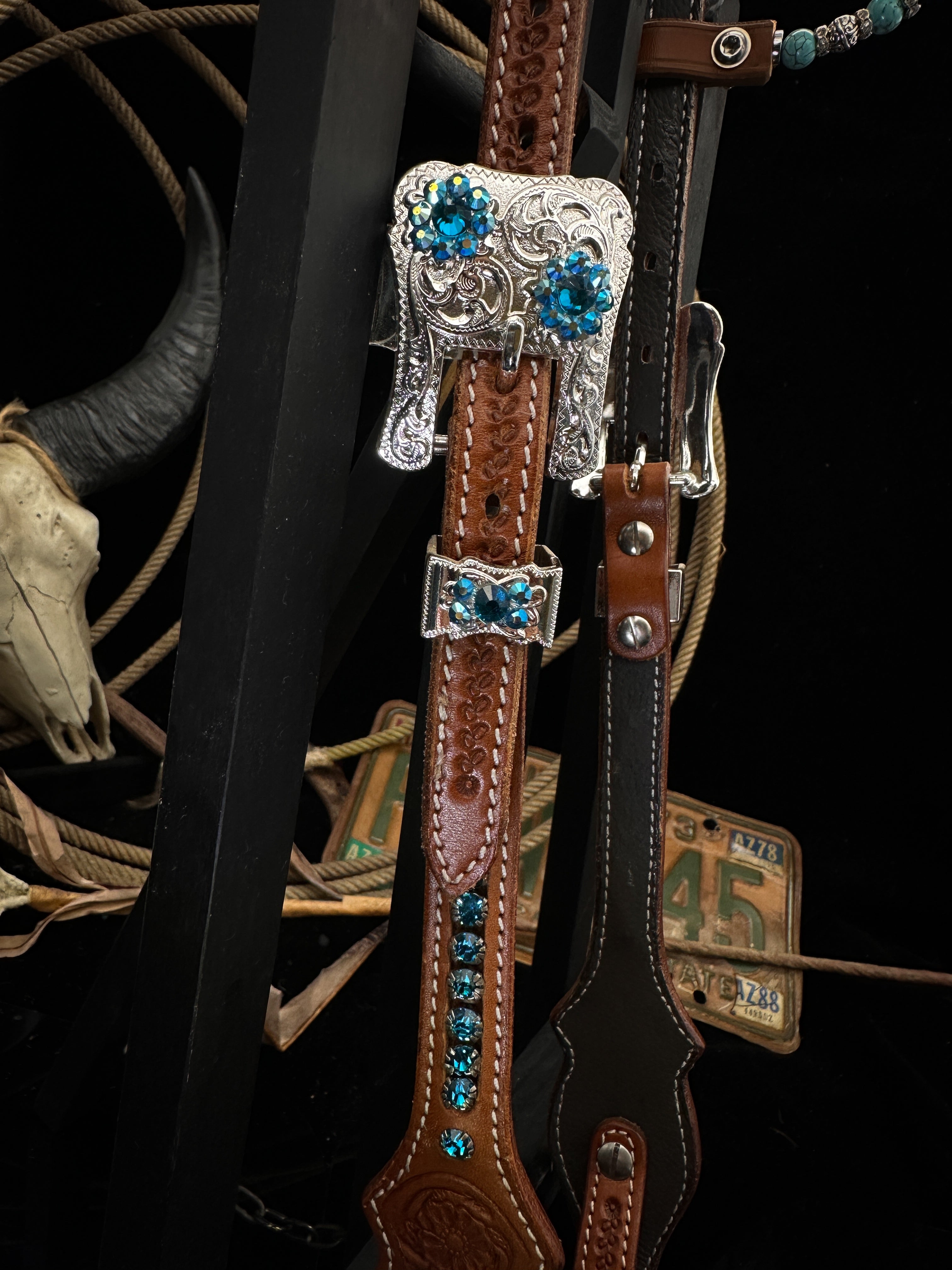 Premium | Chestnut flower tooled western bridle | Copper &amp; Blue