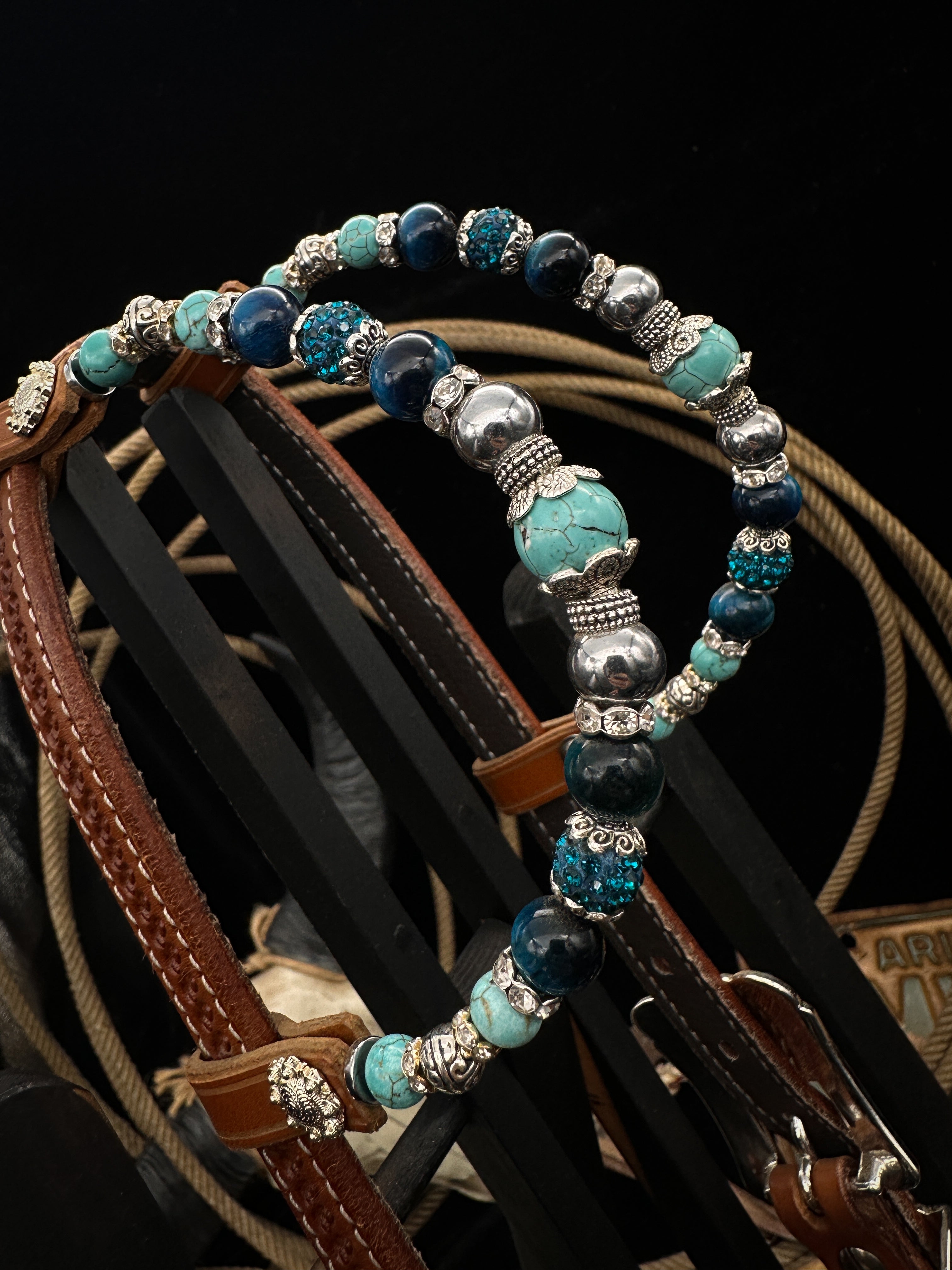 Premium | Chestnut flower tooled western bridle | Copper &amp; Blue