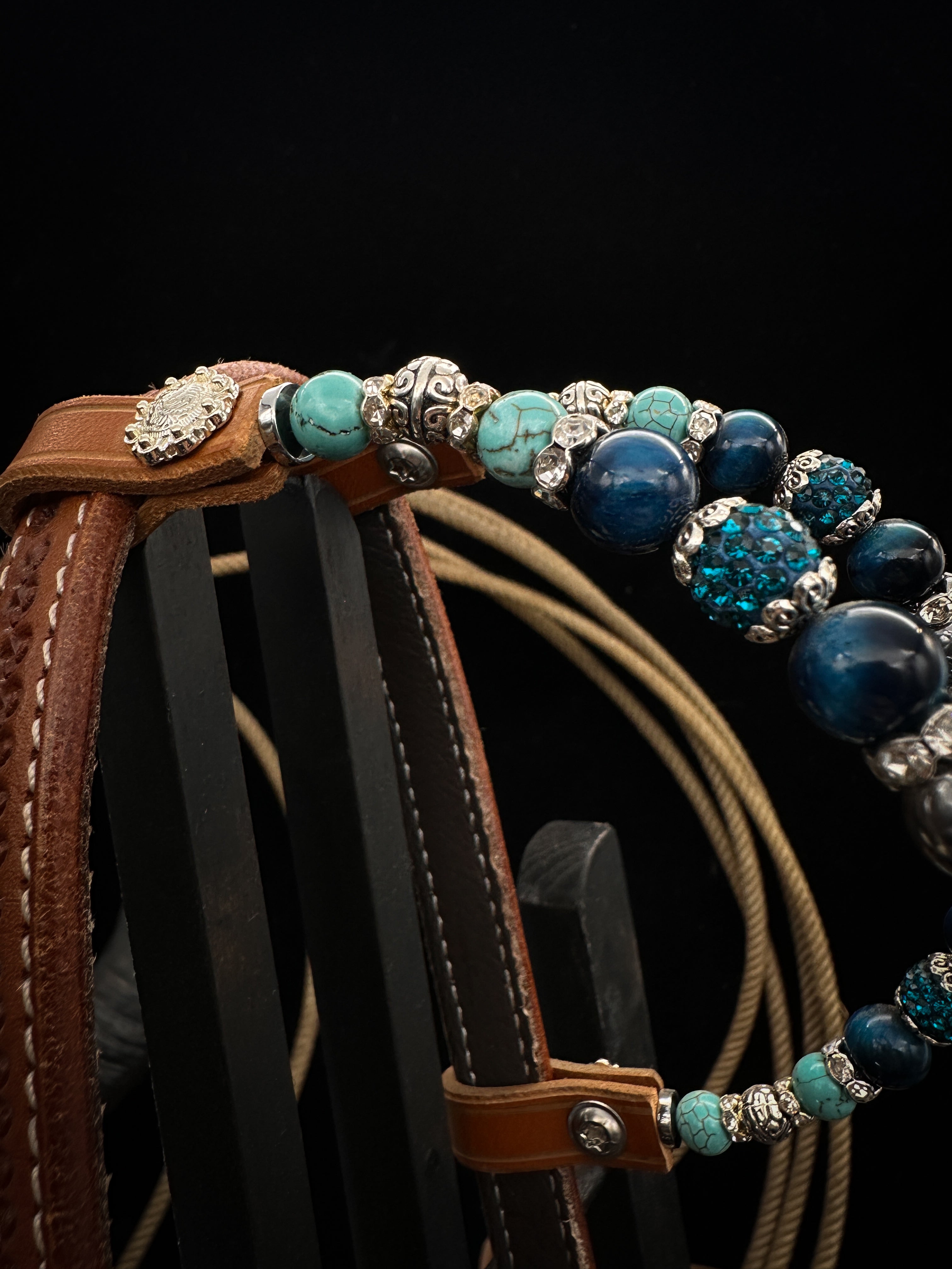 Premium | Chestnut flower tooled western bridle | Copper &amp; Blue