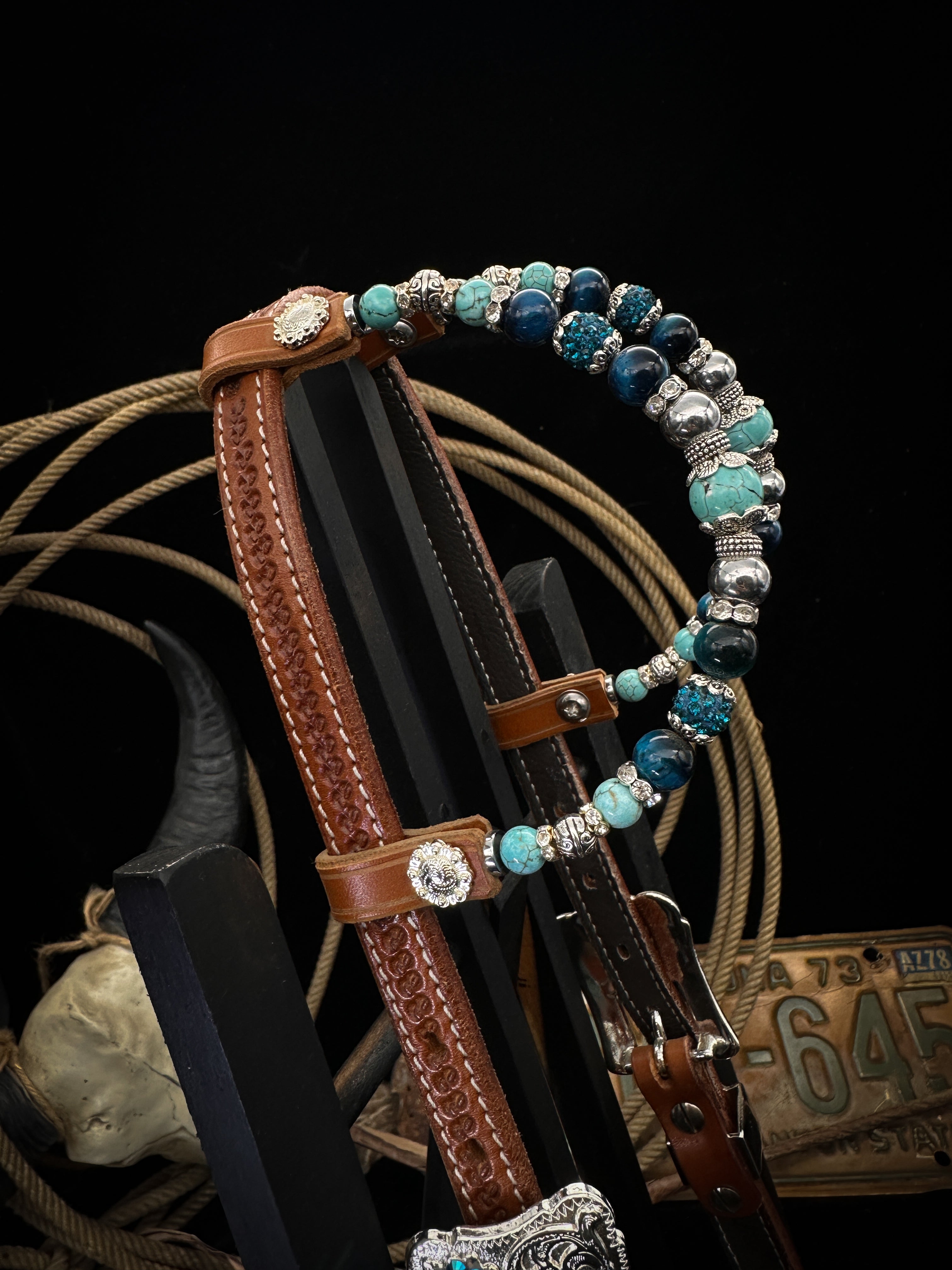 Premium | Chestnut flower tooled western bridle | Copper &amp; Blue