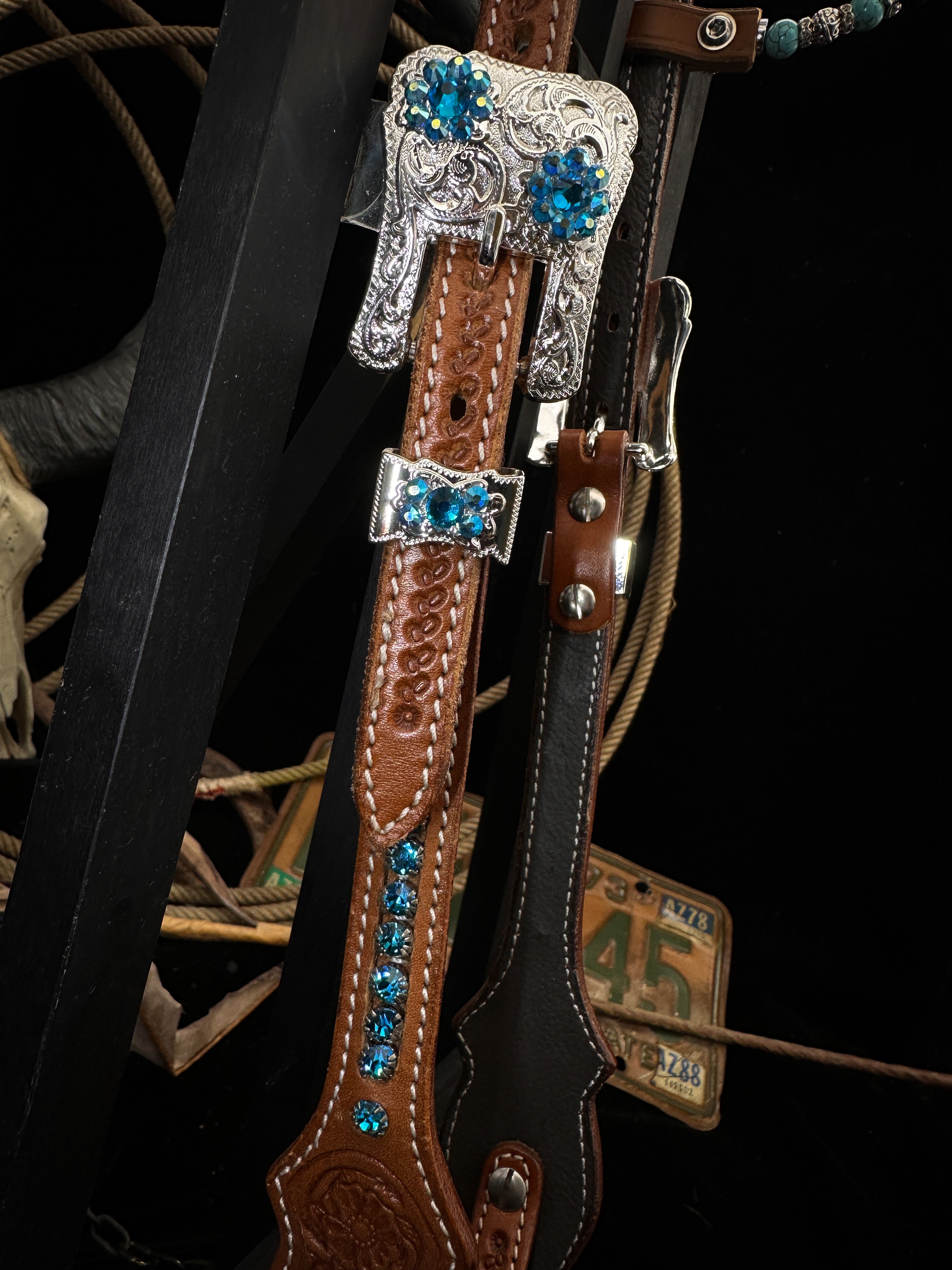 Premium | Chestnut flower tooled western bridle | Copper &amp; Blue