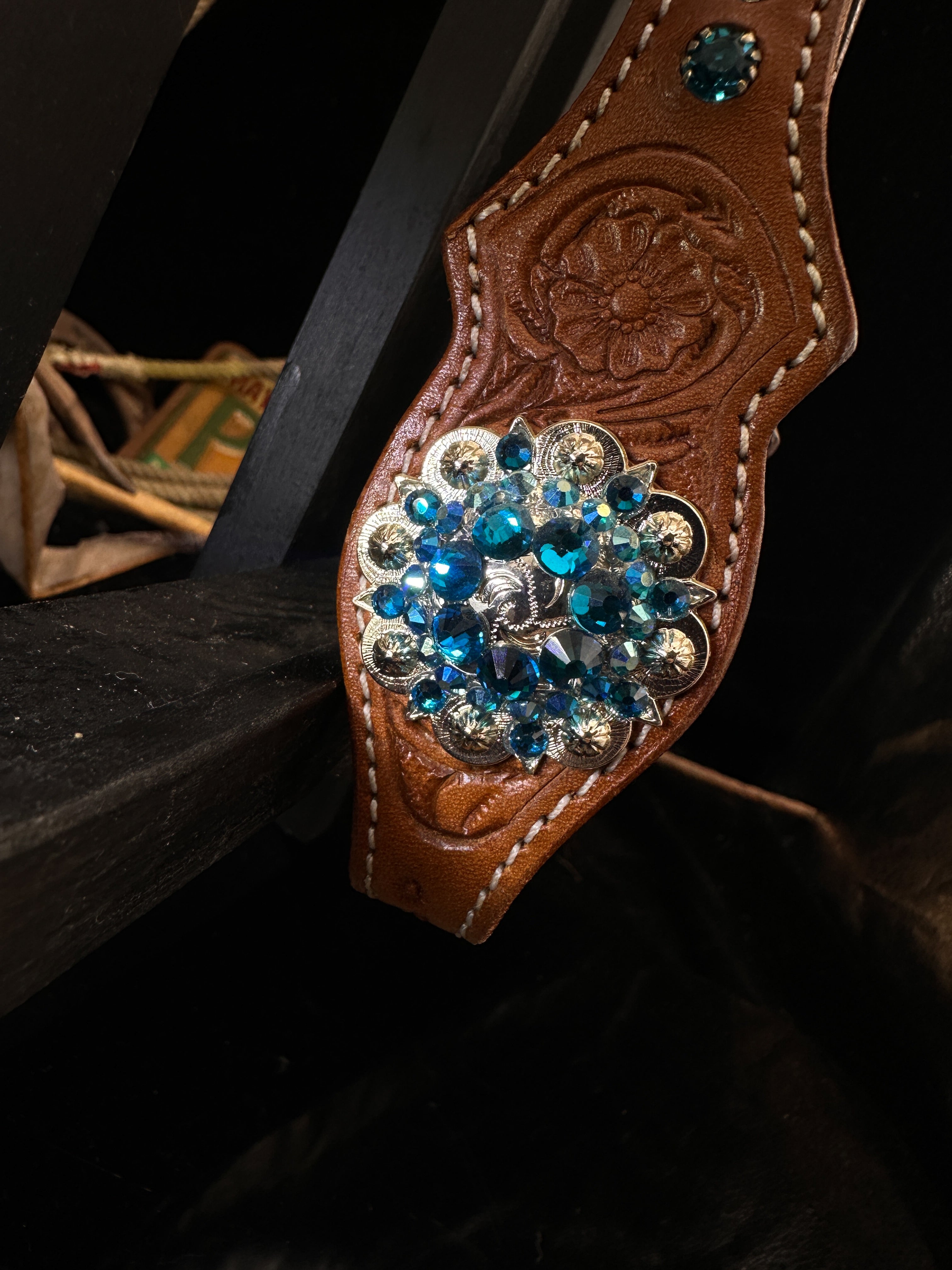 Premium | Chestnut flower tooled western bridle | Copper &amp; Blue