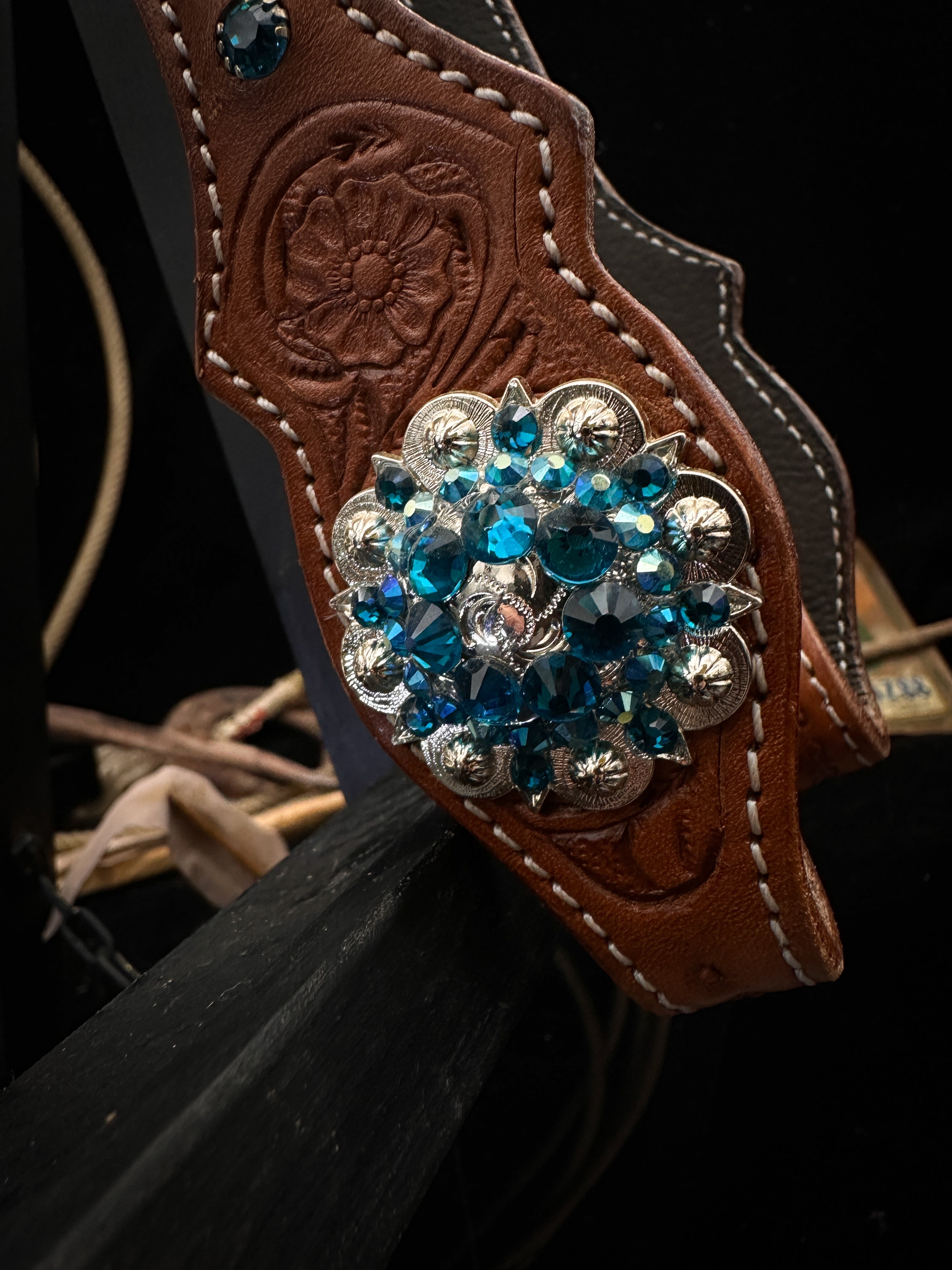 Premium | Chestnut flower tooled western bridle | Copper &amp; Blue