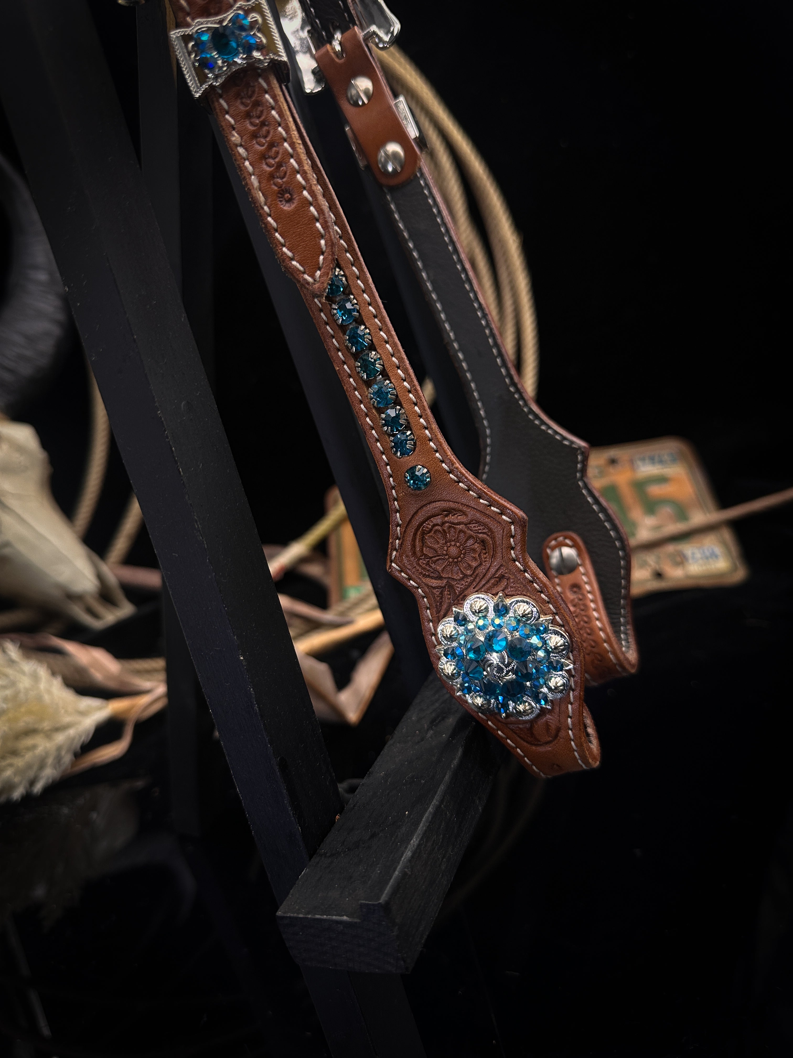 Premium | Chestnut flower tooled western bridle | Copper &amp; Blue