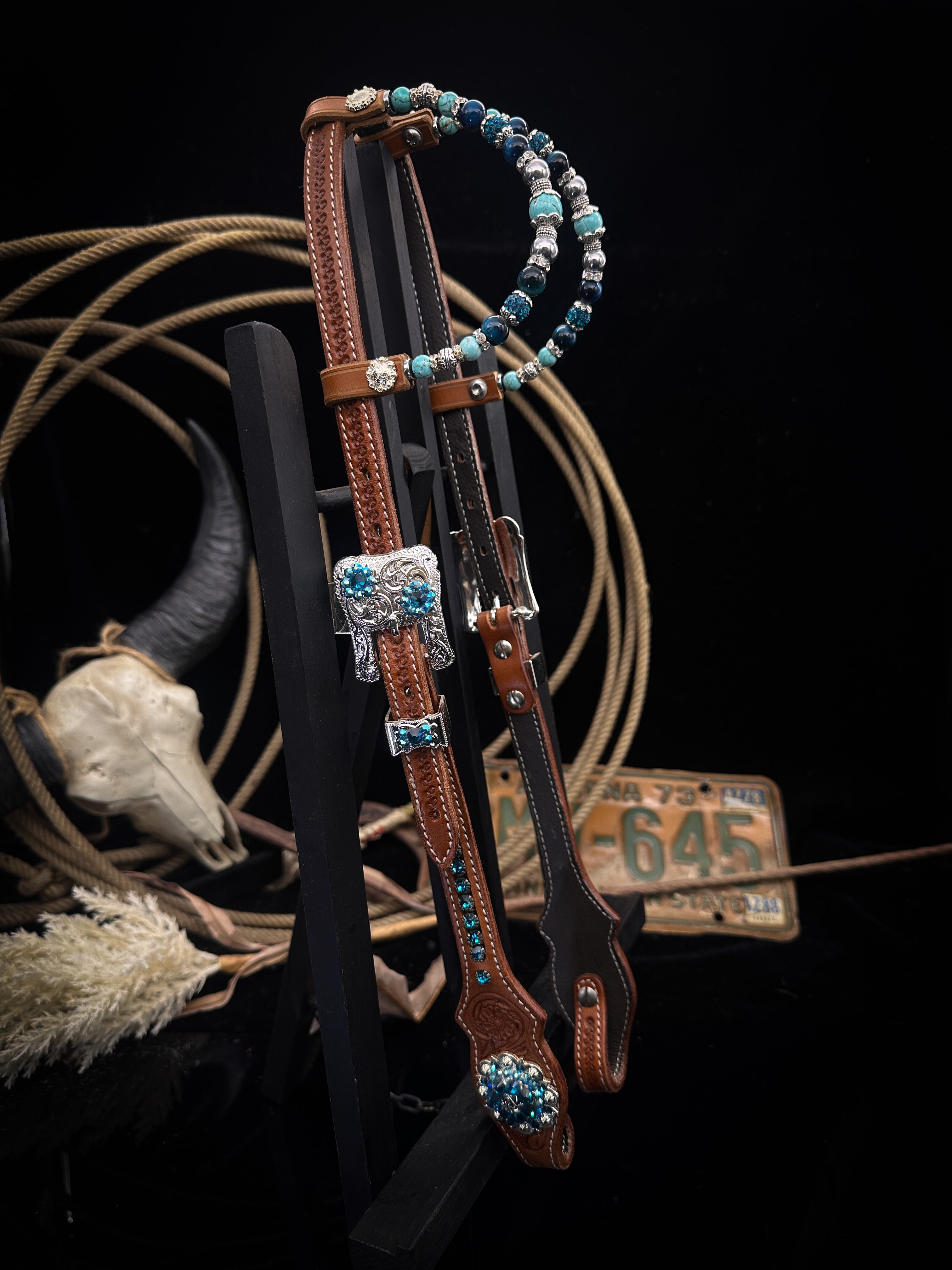 Premium | Chestnut flower tooled western bridle | Copper &amp; Blue
